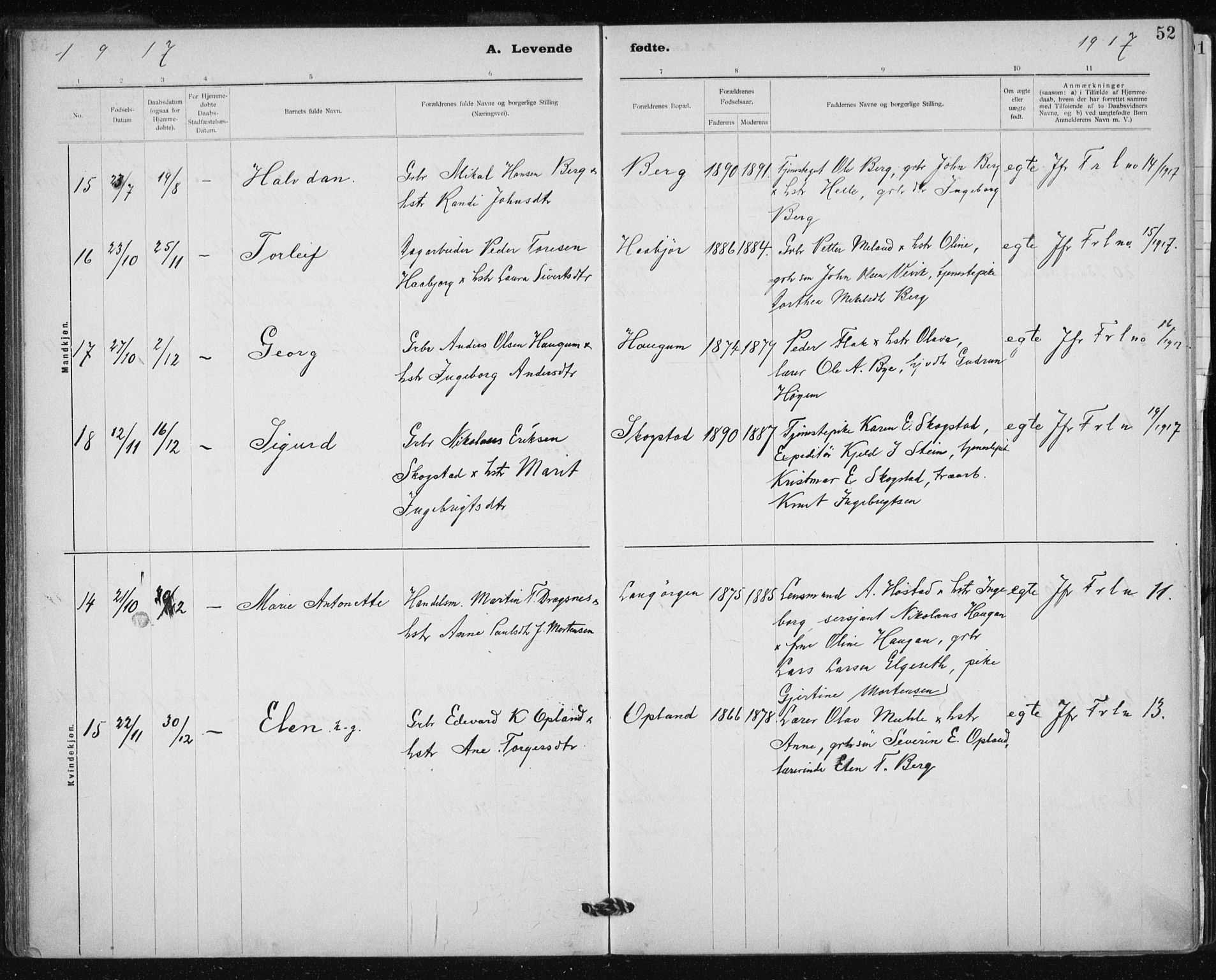 Ministerialprotokoller, klokkerbøker og fødselsregistre - Sør-Trøndelag, SAT/A-1456/612/L0381: Parish register (official) no. 612A13, 1907-1923, p. 52