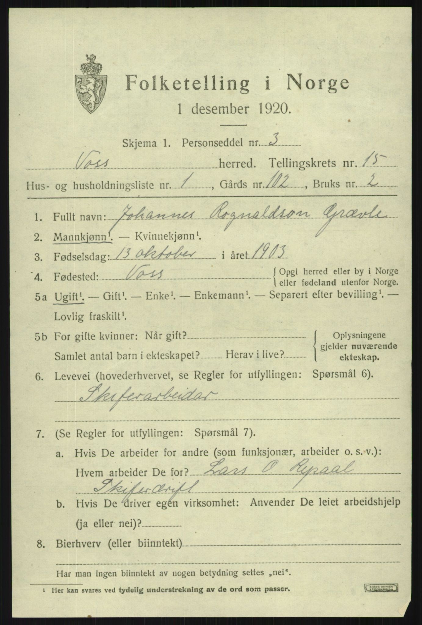 SAB, 1920 census for Voss, 1920, p. 12501