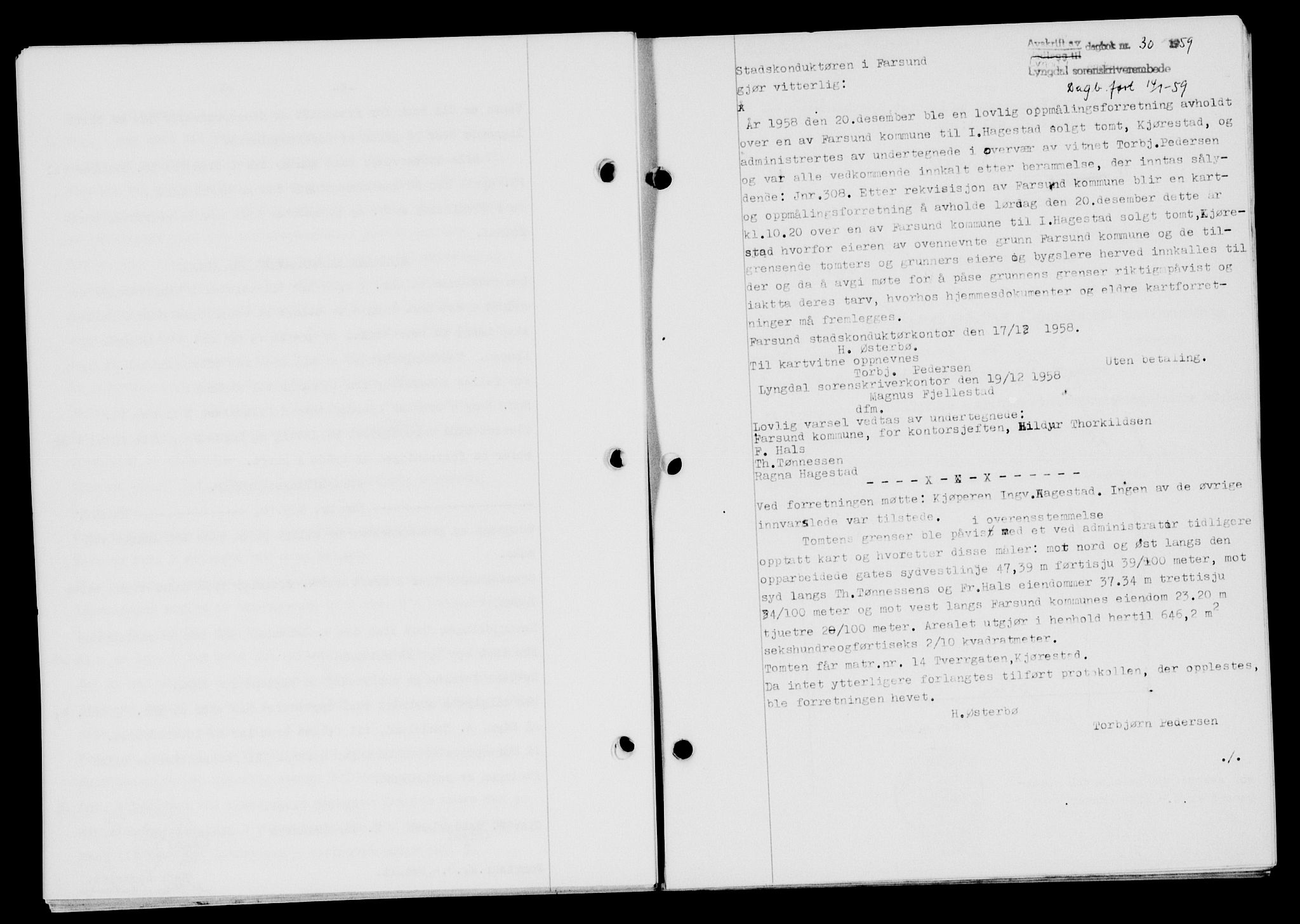 Lyngdal sorenskriveri, AV/SAK-1221-0004/G/Gb/L0678: Mortgage book no. A XXIV, 1958-1959, Diary no: : 30/1959