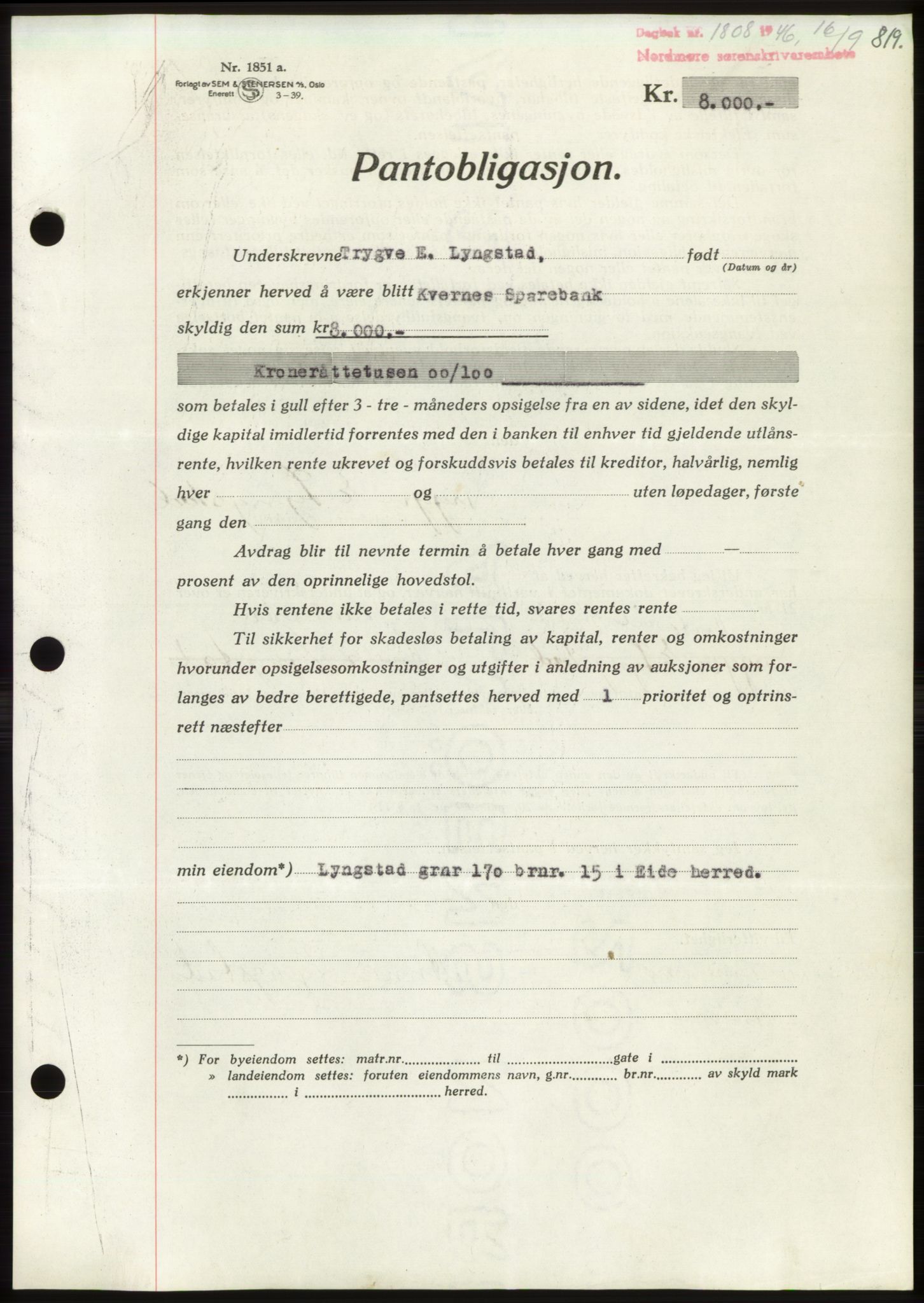 Nordmøre sorenskriveri, AV/SAT-A-4132/1/2/2Ca: Mortgage book no. B94, 1946-1946, Diary no: : 1808/1946