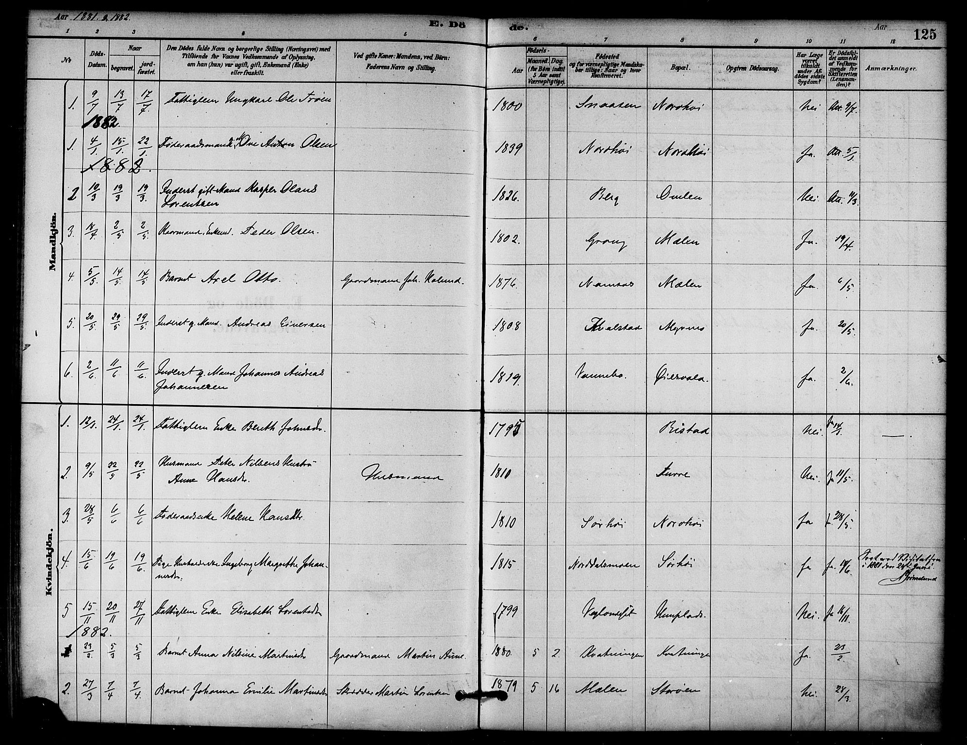 Ministerialprotokoller, klokkerbøker og fødselsregistre - Nord-Trøndelag, SAT/A-1458/766/L0563: Parish register (official) no. 767A01, 1881-1899, p. 125