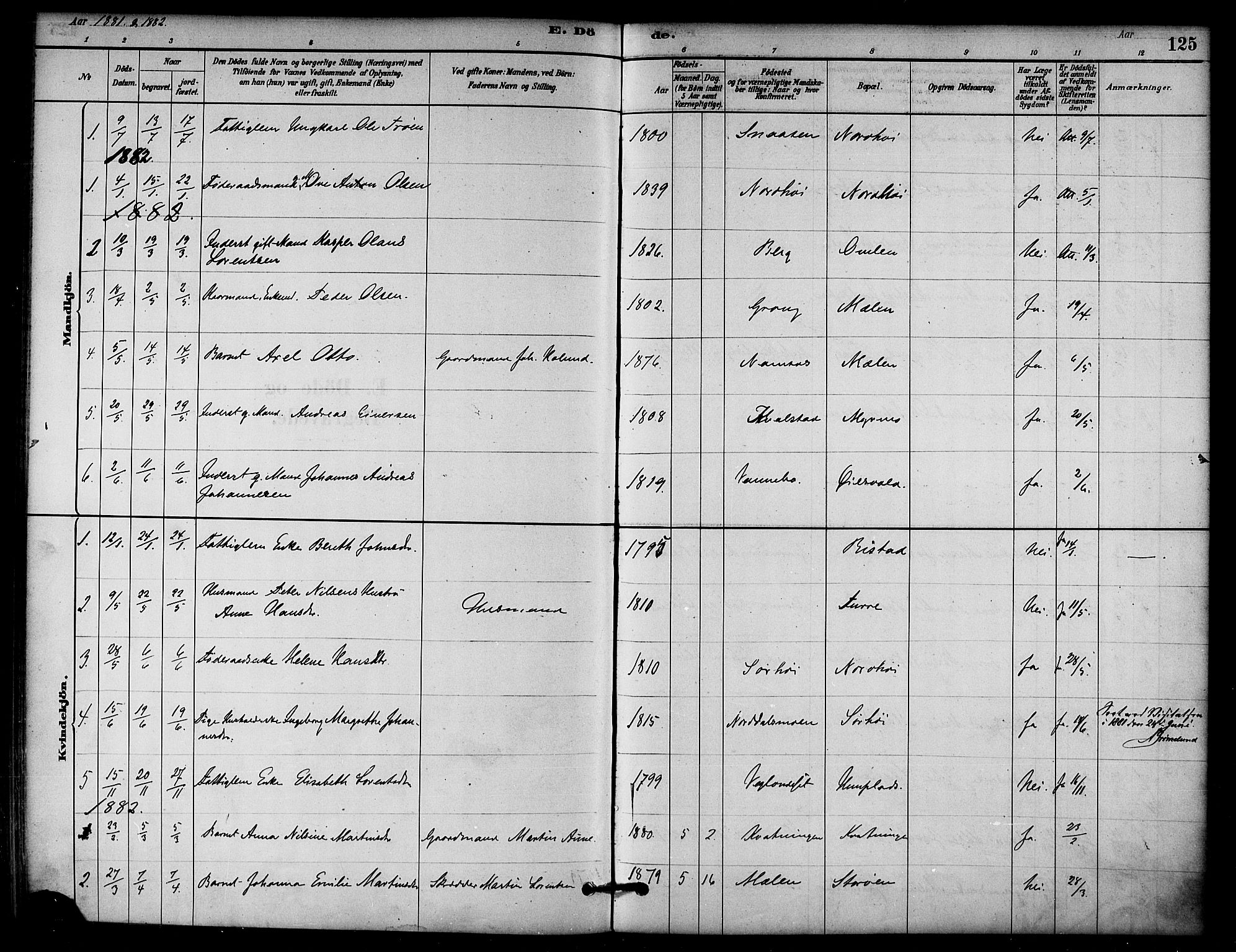 Ministerialprotokoller, klokkerbøker og fødselsregistre - Nord-Trøndelag, AV/SAT-A-1458/766/L0563: Parish register (official) no. 767A01, 1881-1899, p. 125