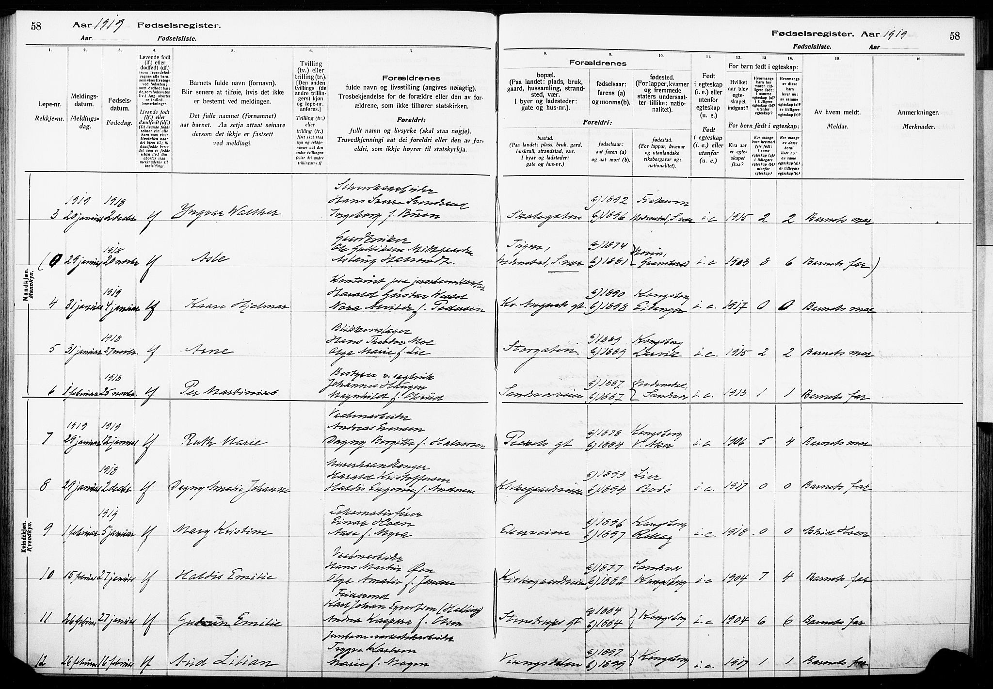 Kongsberg kirkebøker, AV/SAKO-A-22/J/Ja/L0001: Birth register no. I 1, 1916-1927, p. 58