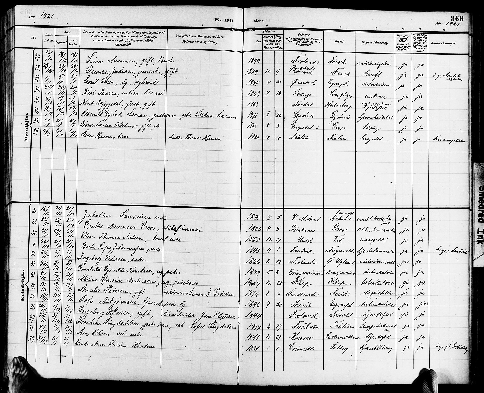Fjære sokneprestkontor, SAK/1111-0011/F/Fb/L0012: Parish register (copy) no. B 12, 1902-1925, p. 366