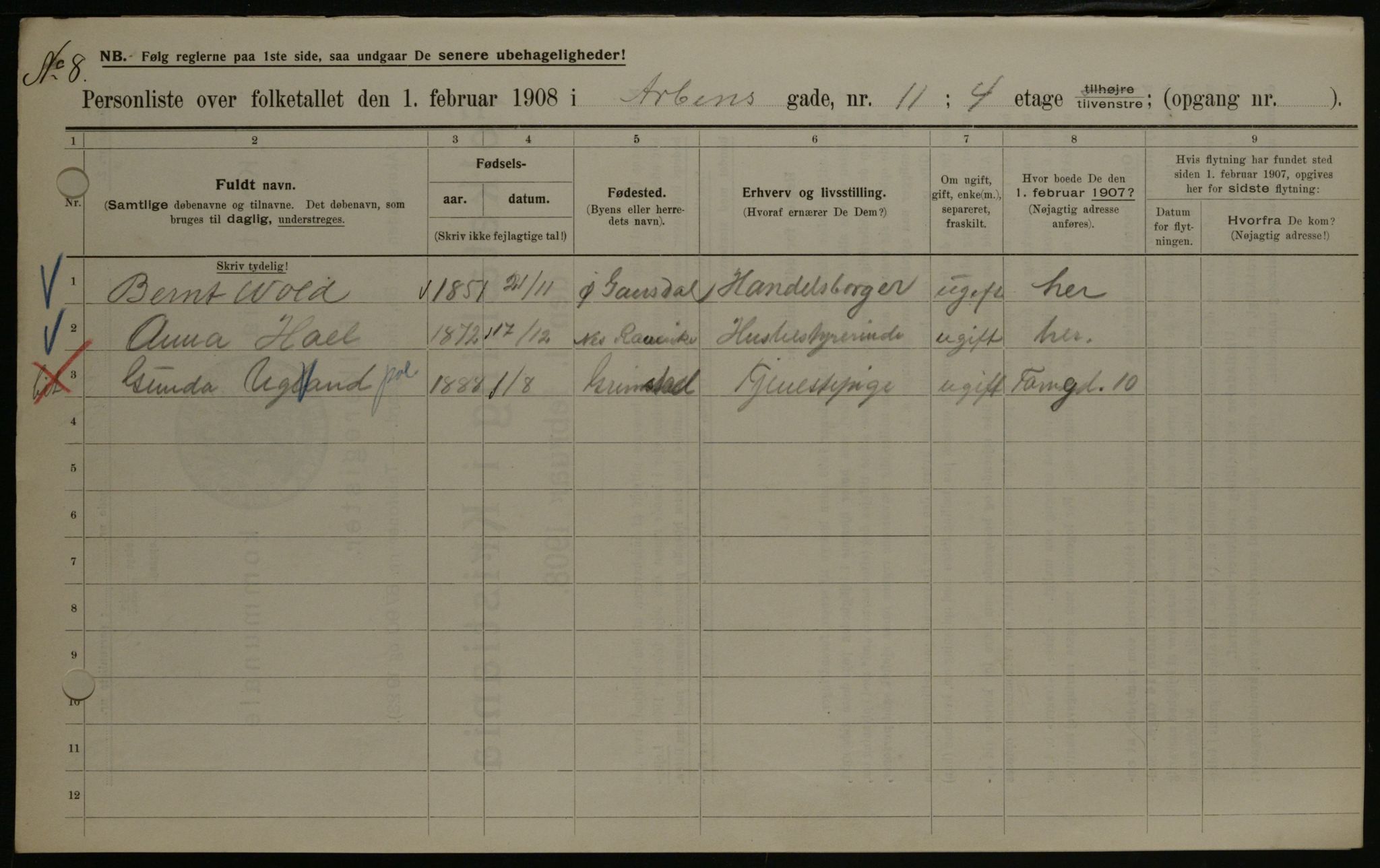 OBA, Municipal Census 1908 for Kristiania, 1908, p. 1892