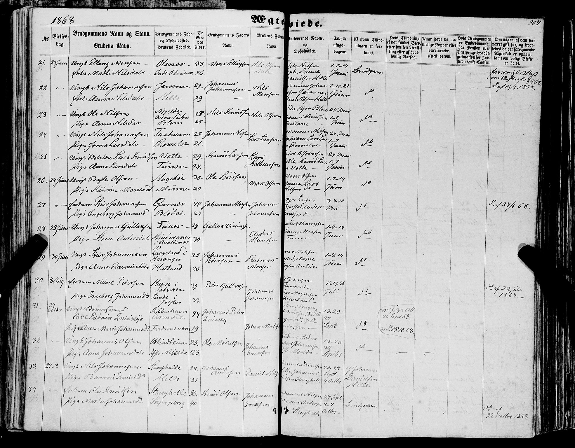 Haus sokneprestembete, AV/SAB-A-75601/H/Haa: Parish register (official) no. A 17, 1858-1870, p. 304