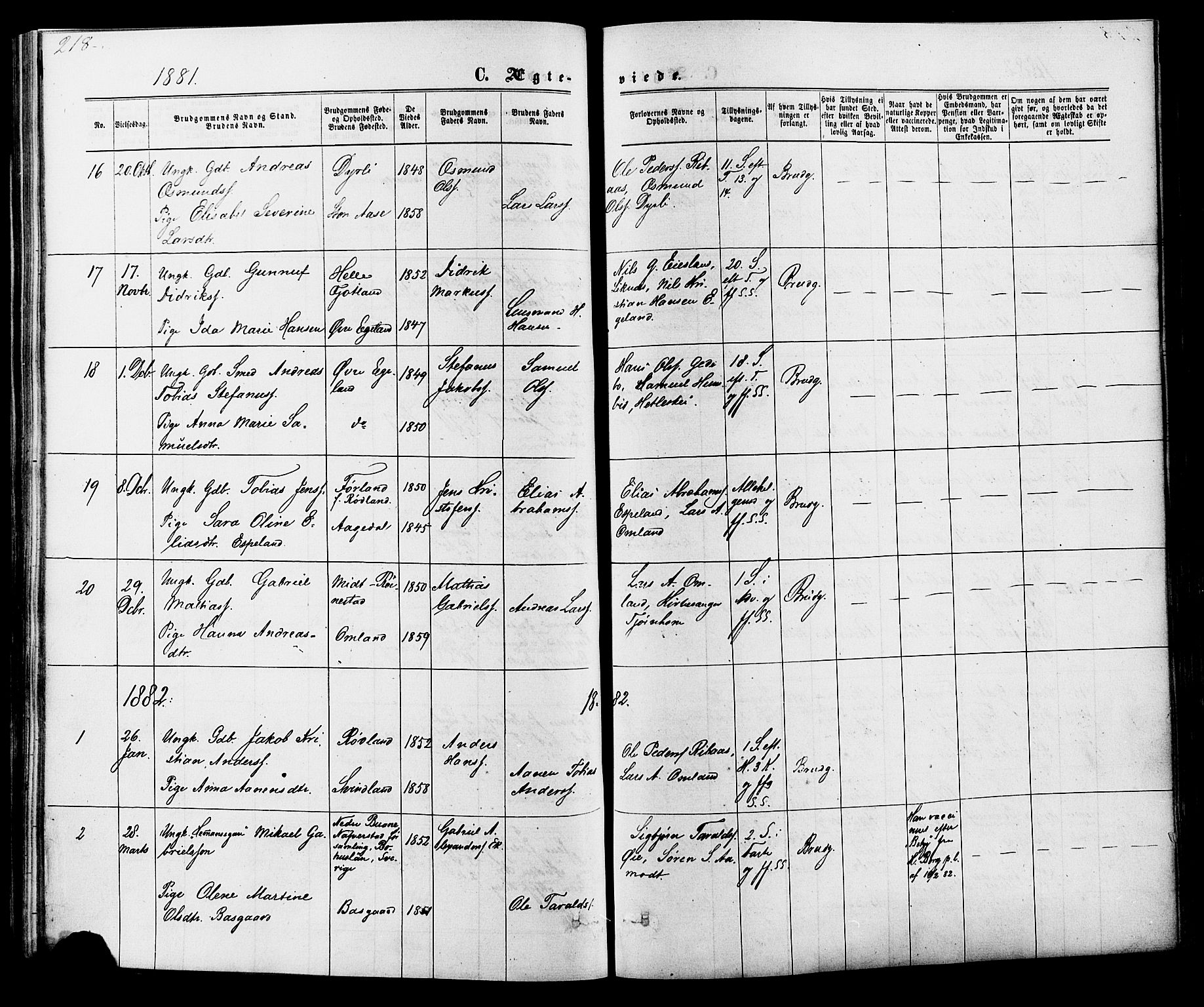 Kvinesdal sokneprestkontor, AV/SAK-1111-0026/F/Fa/Fab/L0007: Parish register (official) no. A 7, 1870-1885, p. 218