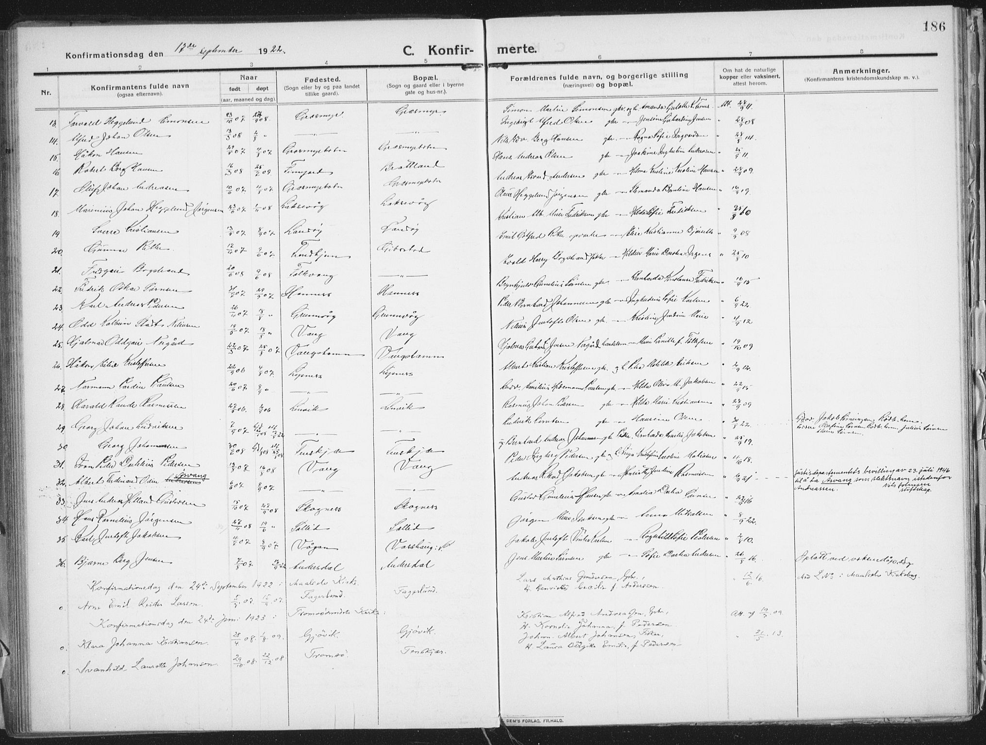 Lenvik sokneprestembete, SATØ/S-1310/H/Ha/Haa/L0016kirke: Parish register (official) no. 16, 1910-1924, p. 186
