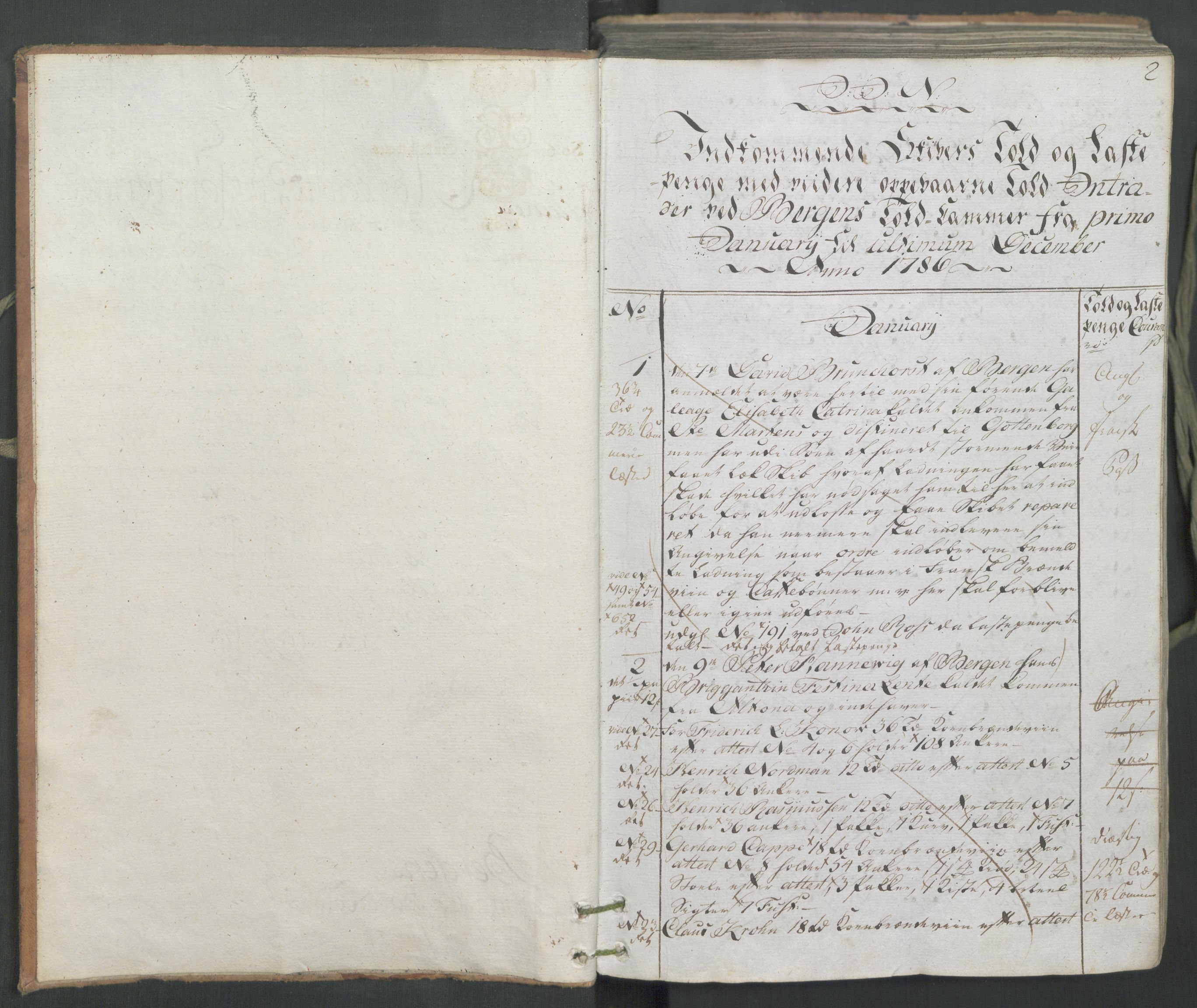Generaltollkammeret, tollregnskaper, AV/RA-EA-5490/R26/L0222/0001: Tollregnskaper Bergen A / Inngående hovedtollbok, 1786, p. 1b-2a