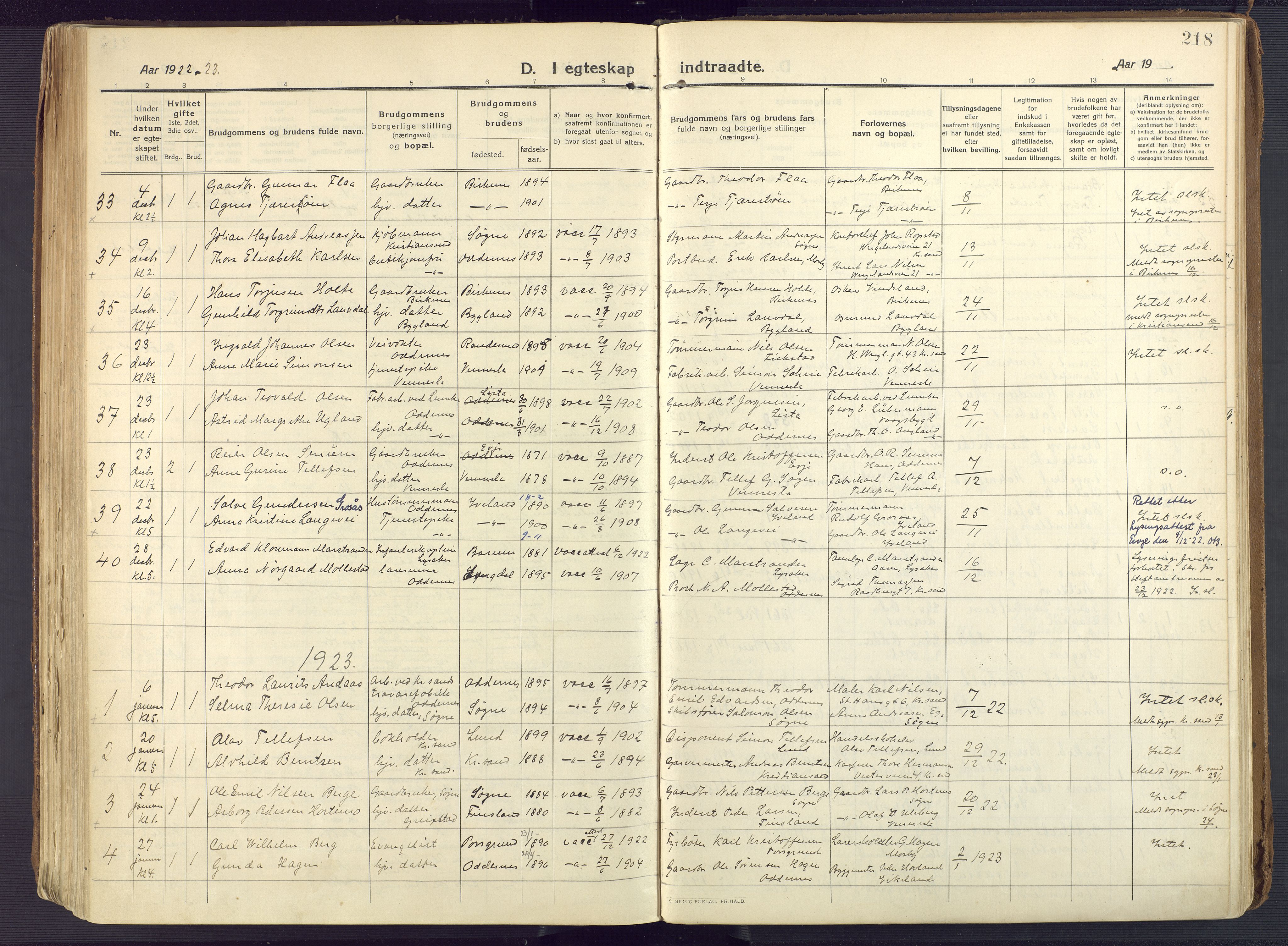 Oddernes sokneprestkontor, AV/SAK-1111-0033/F/Fa/Faa/L0012: Parish register (official) no. A 12, 1912-1925, p. 218