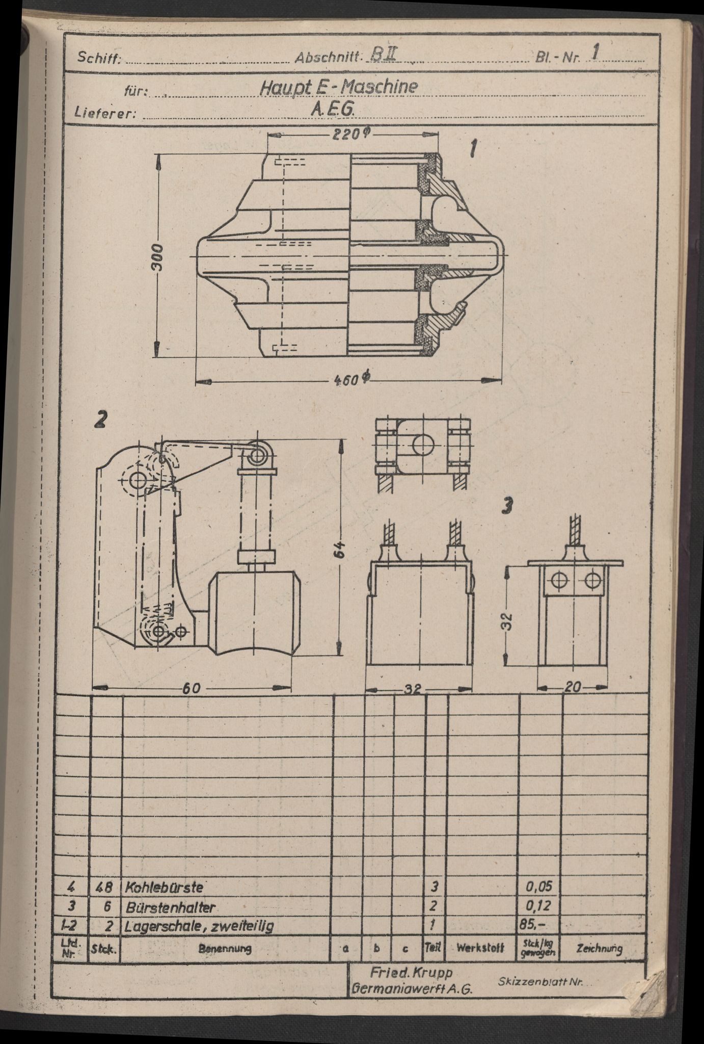 Kriegsmarine Norwegen, Unterseeboote, AV/RA-RAFA-5082/F/L0007/0001: -- / Skizzenanhang zum Geräte- und Ersatzteil-Soll für elektrische Analgen, Untersee-Boote Typ VII C, "U-995" (125), 1942, p. 1