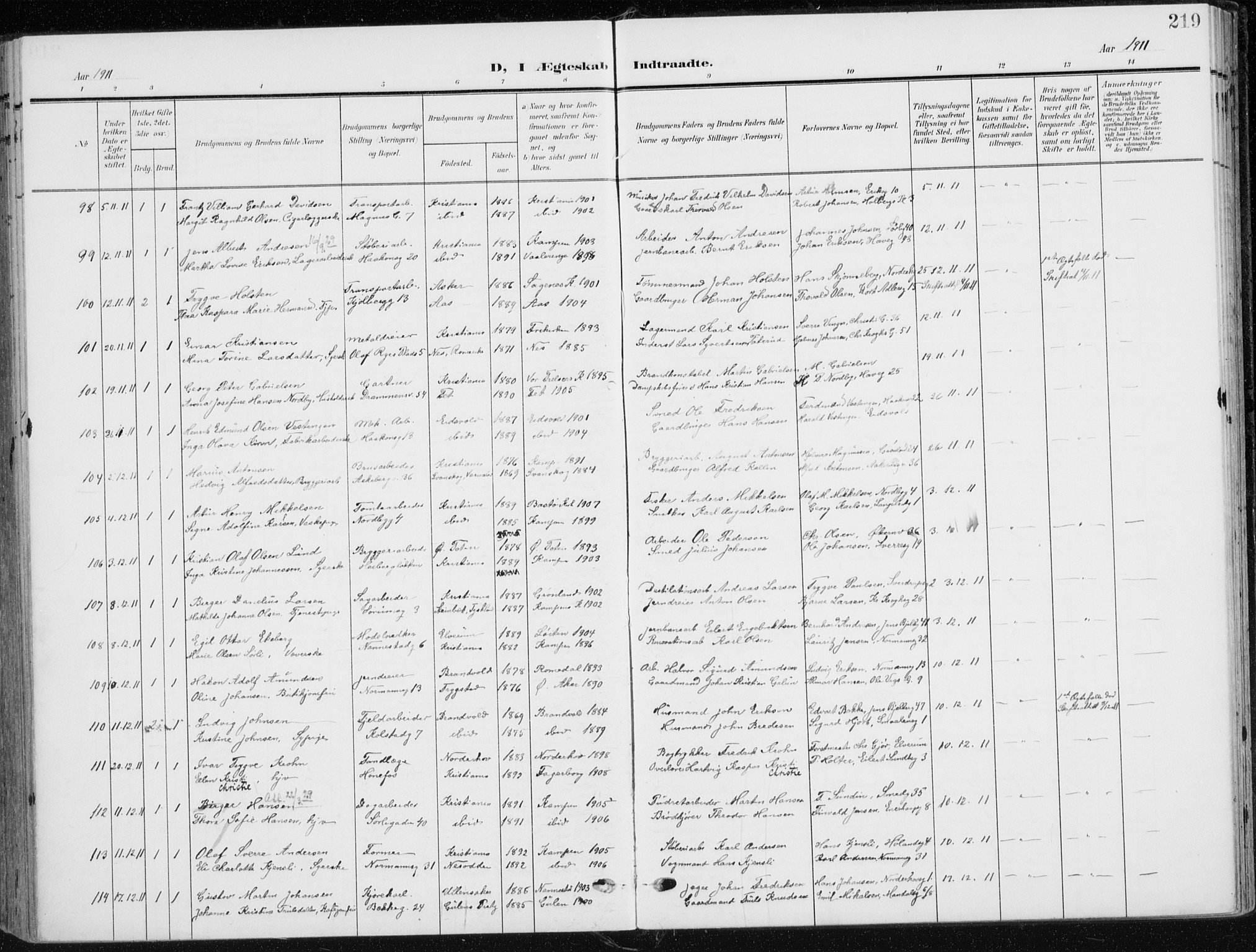 Kampen prestekontor Kirkebøker, SAO/A-10853/F/Fa/L0011: Parish register (official) no. I 11, 1907-1917, p. 219