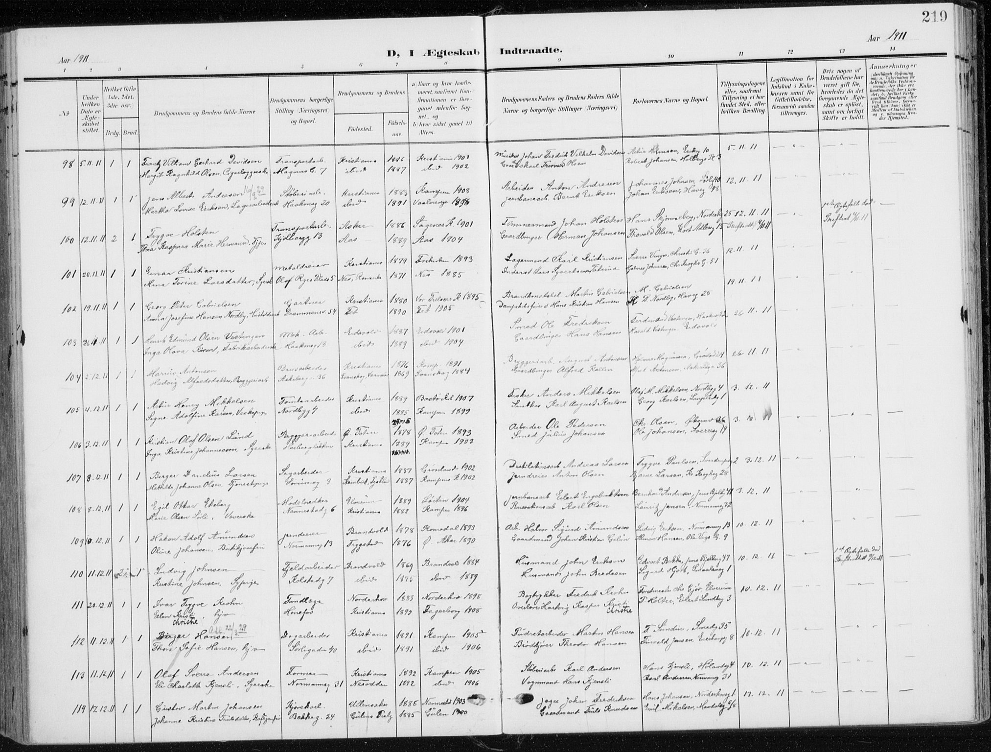 Kampen prestekontor Kirkebøker, AV/SAO-A-10853/F/Fa/L0011: Parish register (official) no. I 11, 1907-1917, p. 219