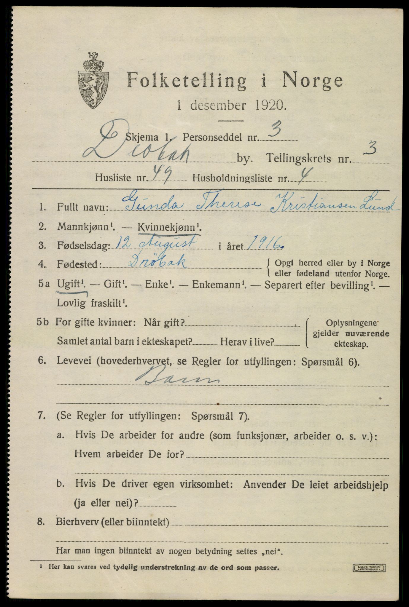 SAO, 1920 census for Drøbak, 1920, p. 4043