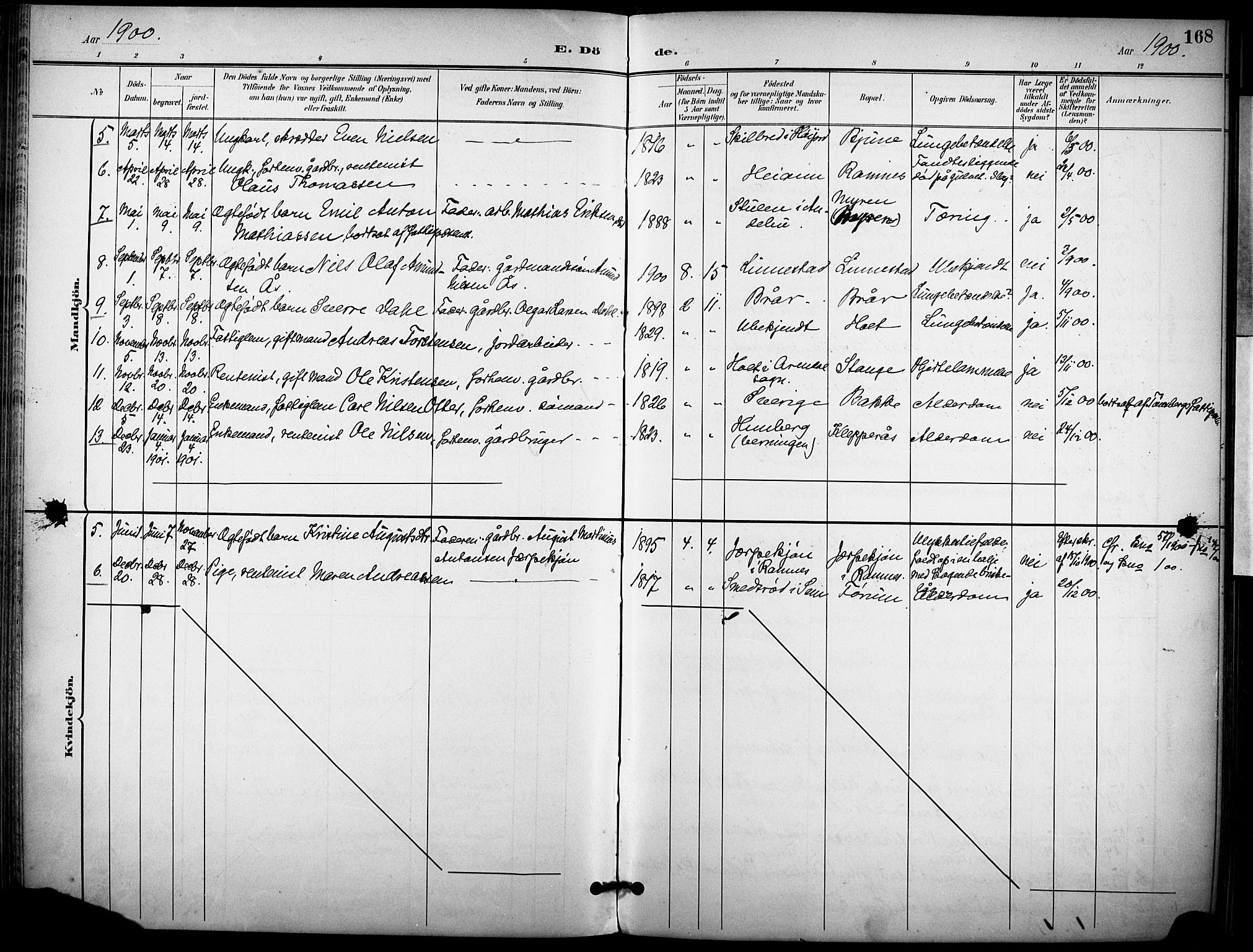 Ramnes kirkebøker, AV/SAKO-A-314/F/Fa/L0008: Parish register (official) no. I 8, 1896-1913, p. 168