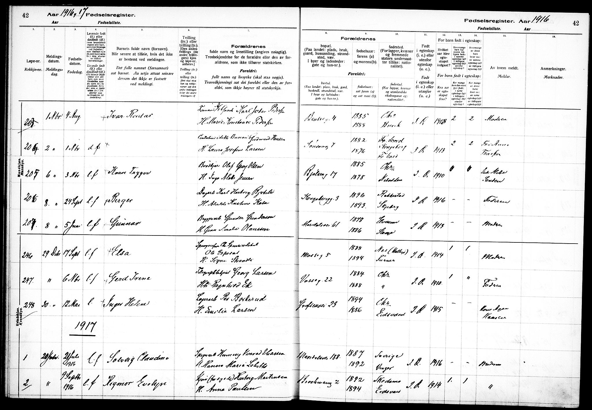 Sagene prestekontor Kirkebøker, SAO/A-10796/J/L0001: Birth register no. 1, 1916-1920, p. 42