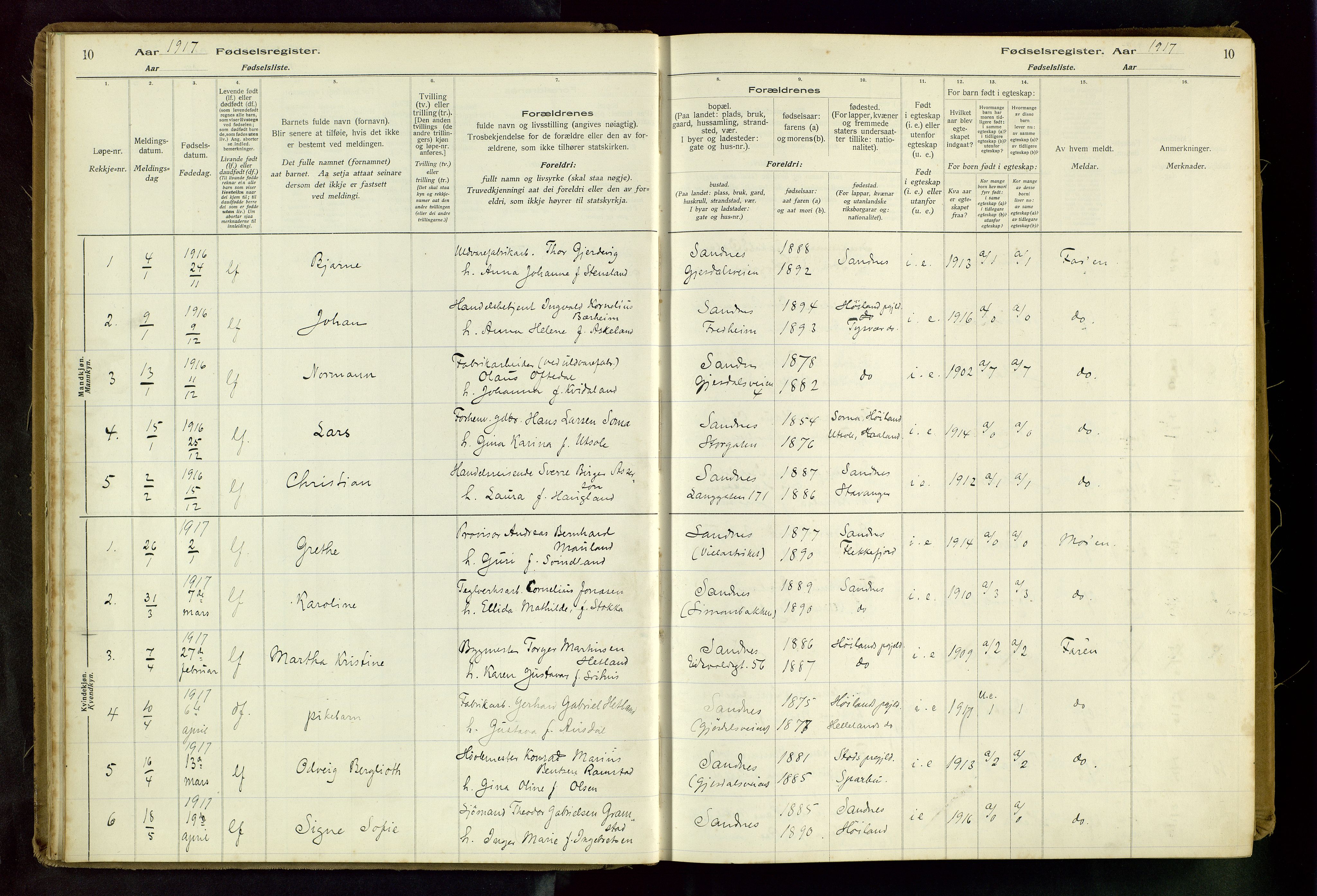 Sandnes sokneprestkontor, AV/SAST-A-101800/704BA/L0001: Birth register no. 1, 1916-1942, p. 10