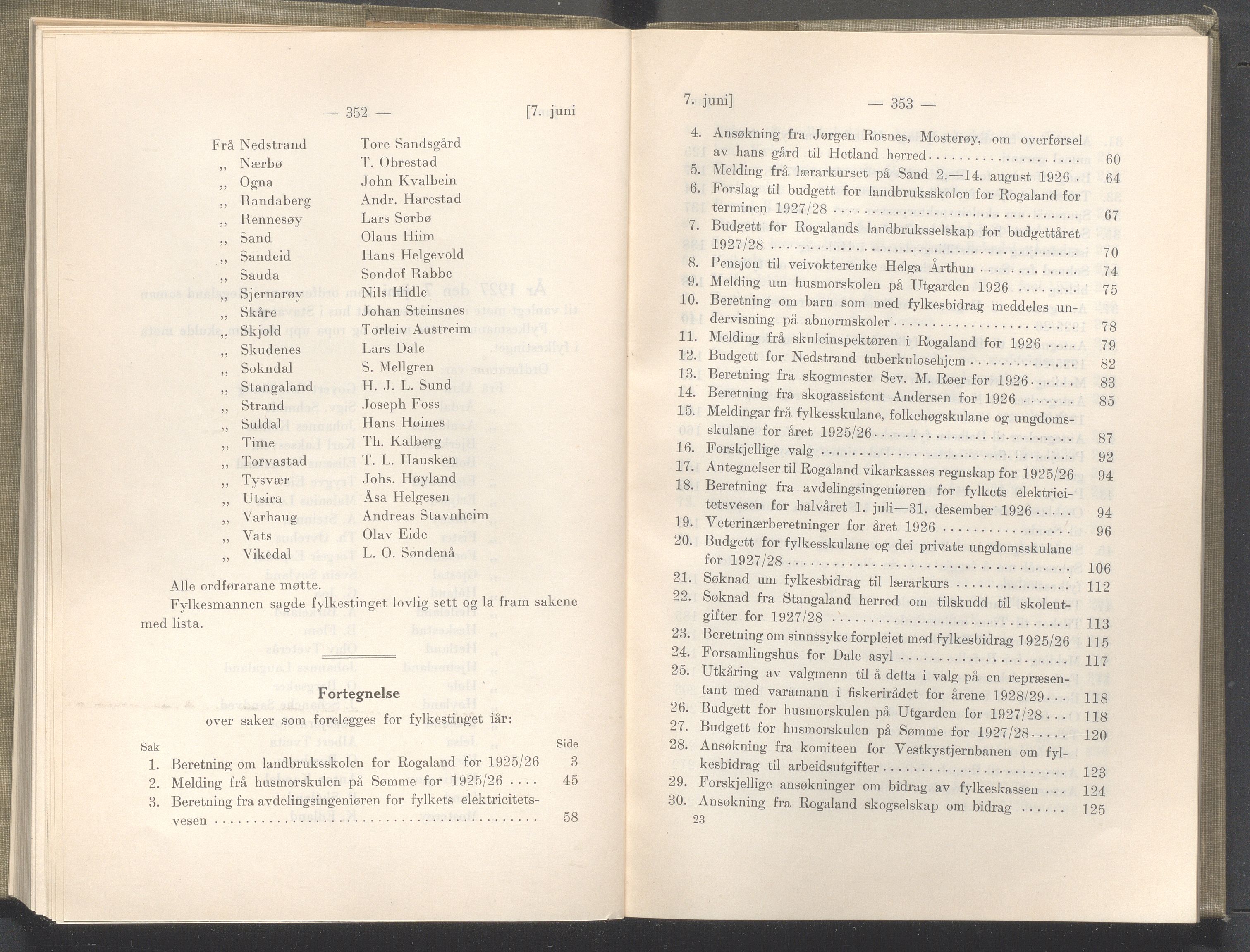 Rogaland fylkeskommune - Fylkesrådmannen , IKAR/A-900/A/Aa/Aaa/L0046: Møtebok , 1927, p. 352-353