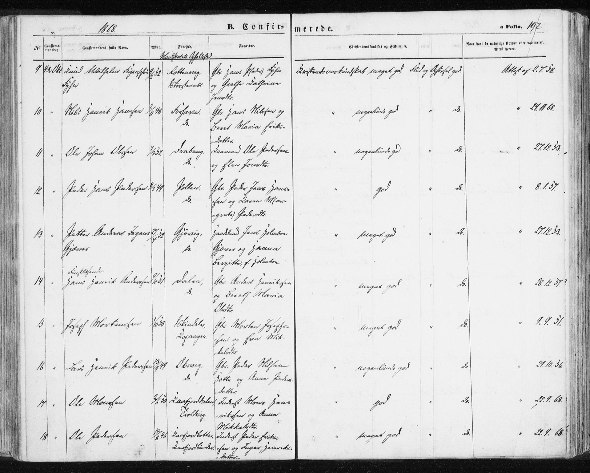 Lyngen sokneprestembete, AV/SATØ-S-1289/H/He/Hea/L0005kirke: Parish register (official) no. 5, 1859-1869, p. 192