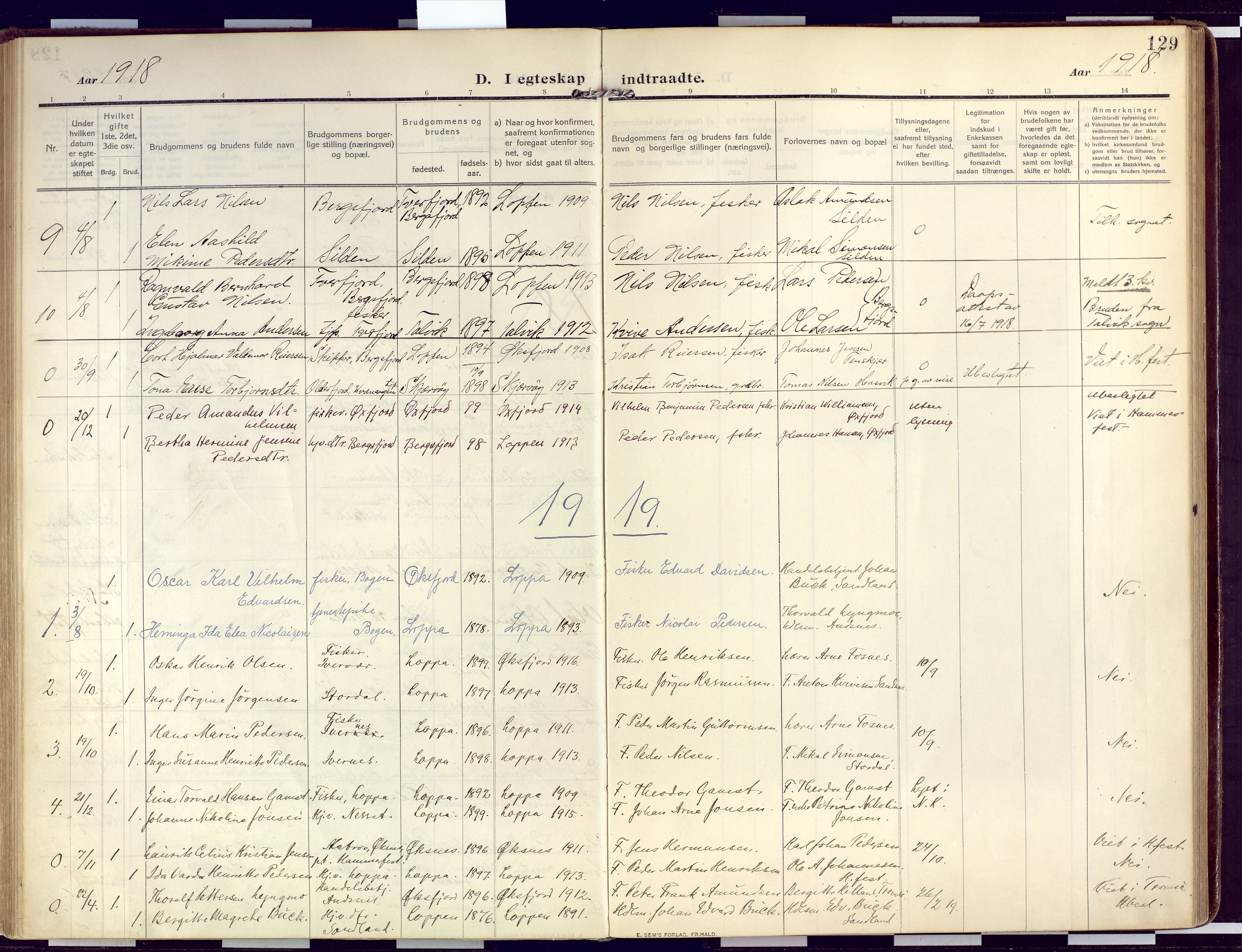 Loppa sokneprestkontor, SATØ/S-1339/H/Ha/L0011kirke: Parish register (official) no. 11, 1909-1919, p. 129
