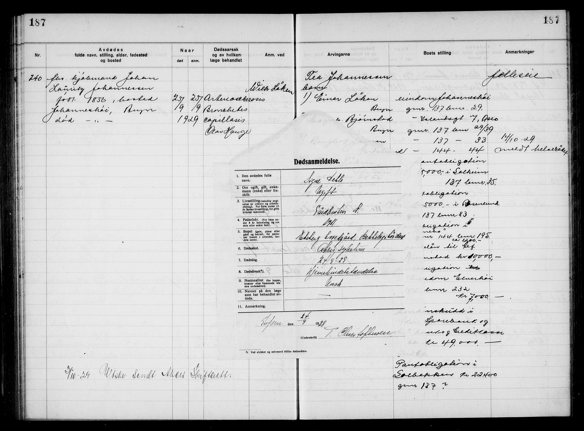 Aker kriminaldommer, skifte- og auksjonsforvalterembete, SAO/A-10452/H/Hb/Hba/Hbac/L0002: Dødsfallsprotokoll for Østre Aker, 1927-1931, p. 187