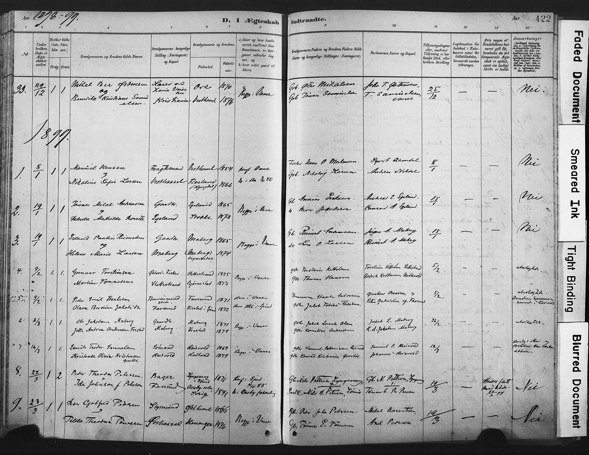 Lista sokneprestkontor, SAK/1111-0027/F/Fa/L0012: Parish register (official) no. A 12, 1879-1903, p. 422
