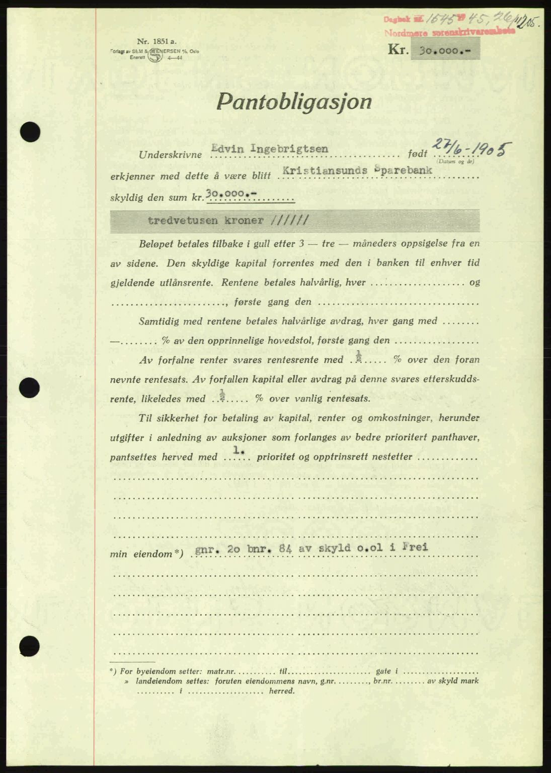 Nordmøre sorenskriveri, AV/SAT-A-4132/1/2/2Ca: Mortgage book no. B93a, 1945-1945, Diary no: : 1545/1945