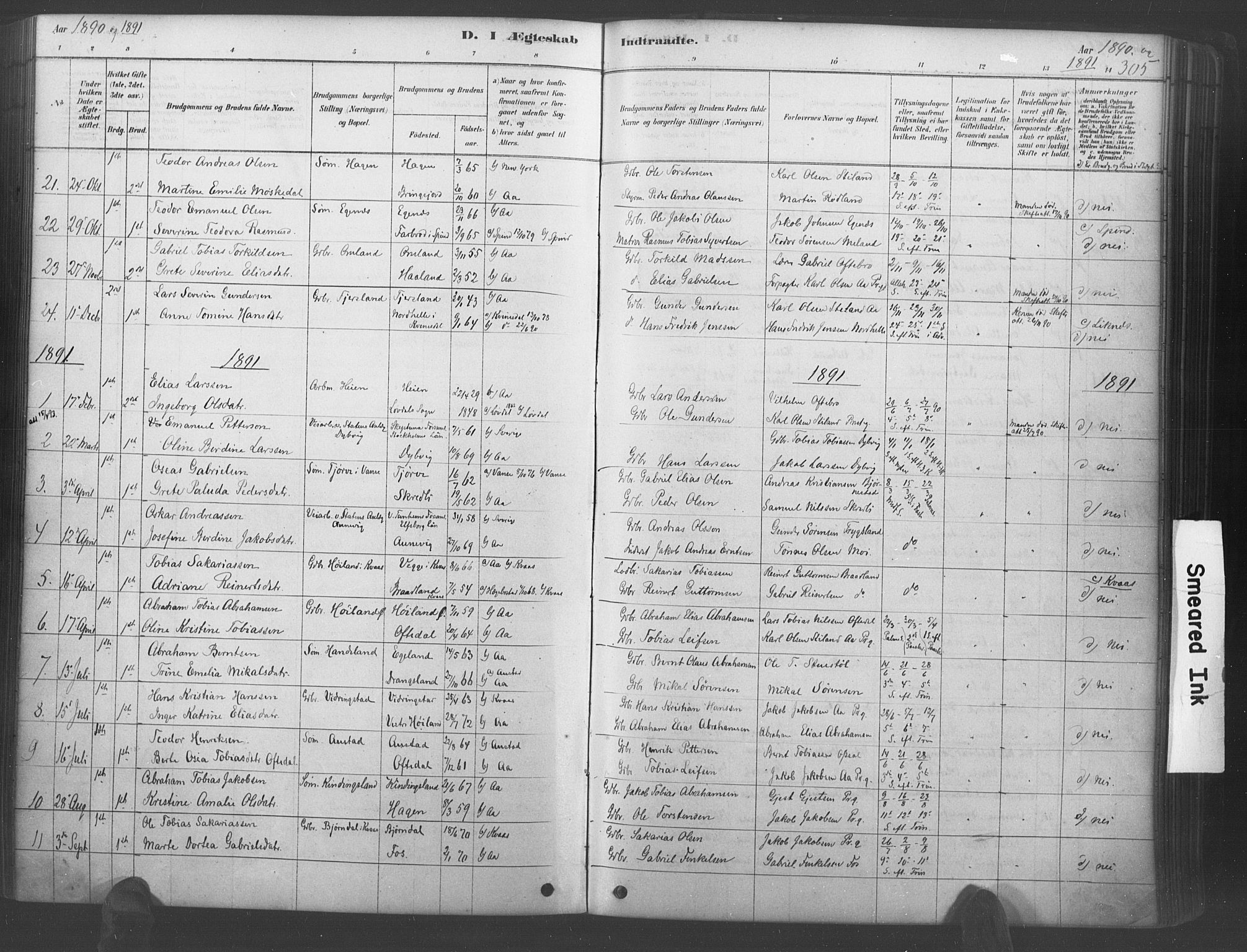 Lyngdal sokneprestkontor, AV/SAK-1111-0029/F/Fa/Fac/L0011: Parish register (official) no. A 11, 1878-1893, p. 305