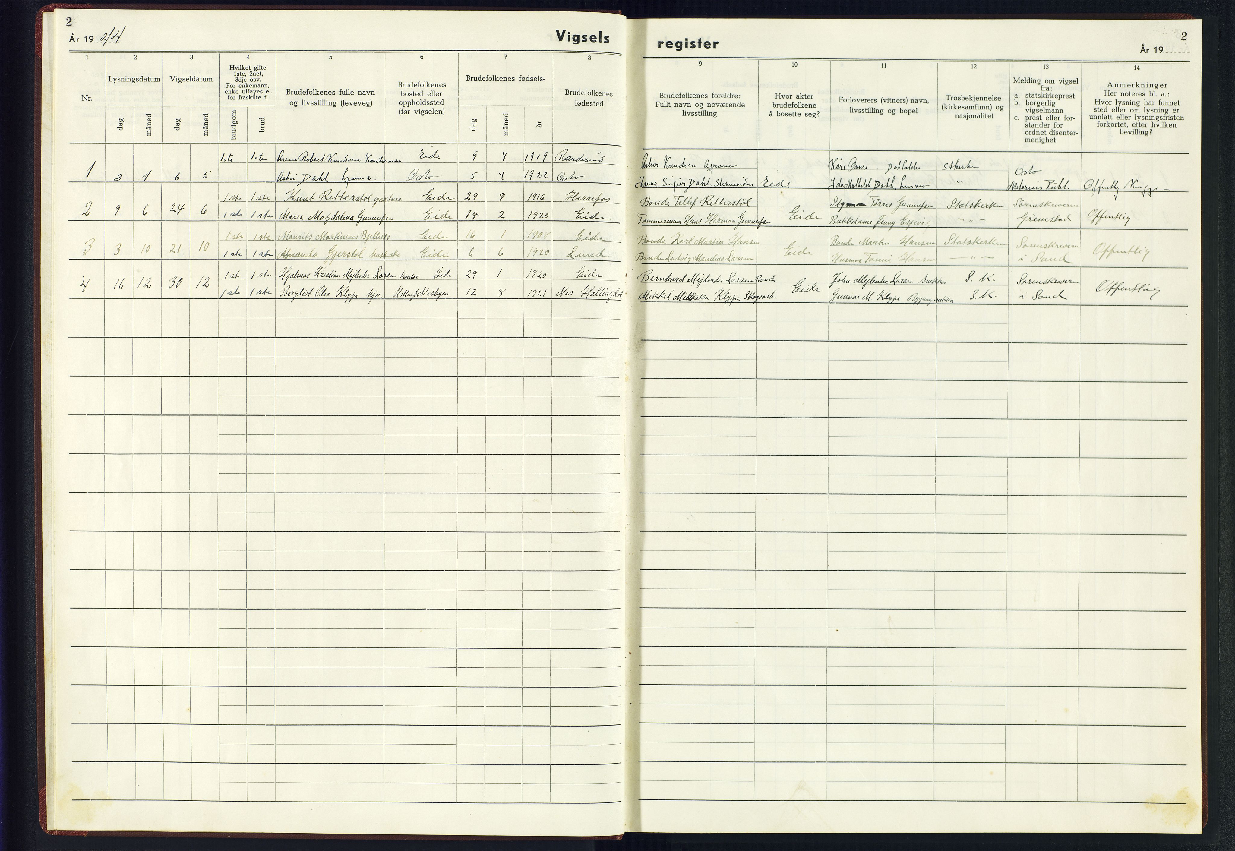 Hommedal sokneprestkontor, AV/SAK-1111-0023/J/Jf/L0004: Marriage register no. 4, 1943-1945, p. 2