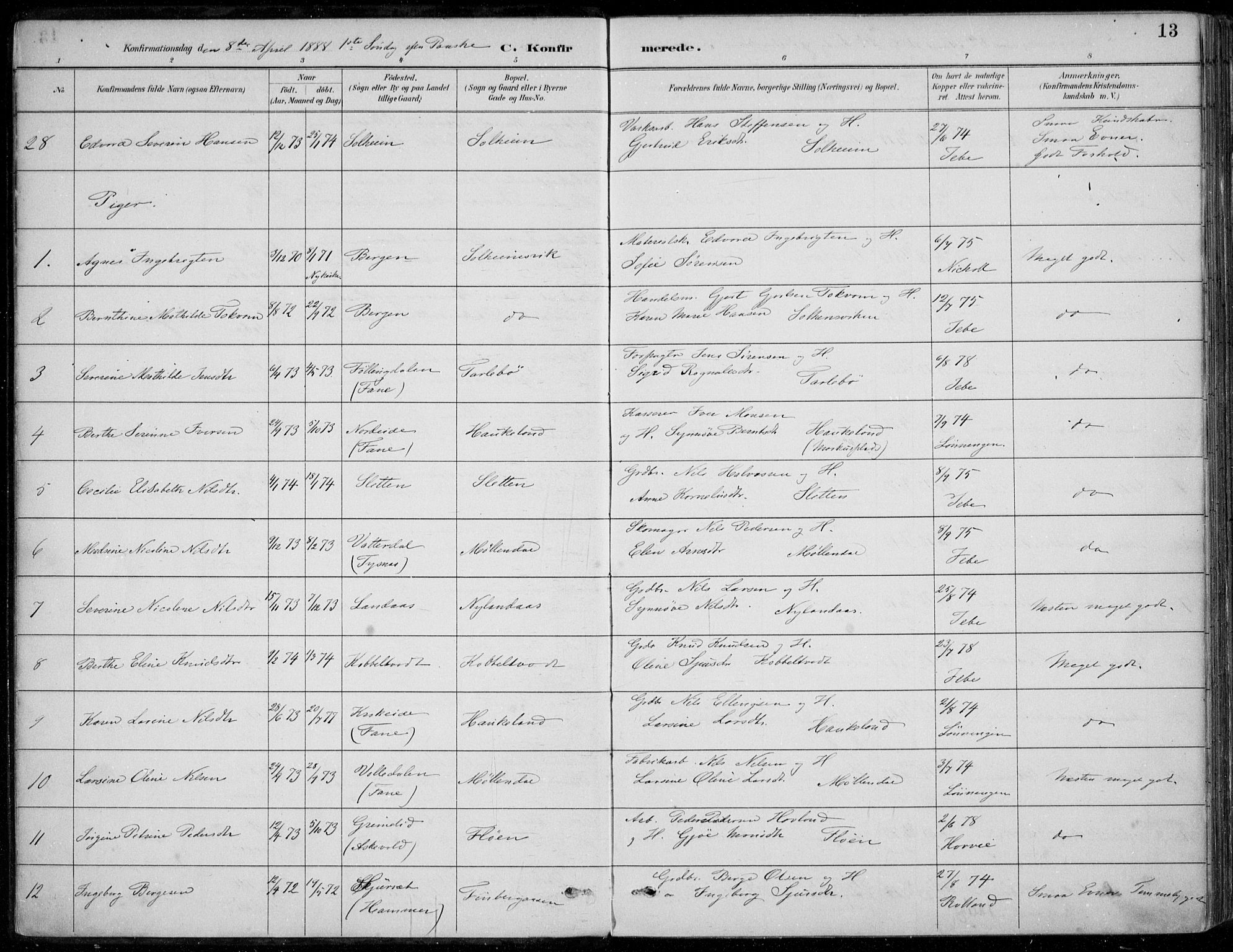 Årstad Sokneprestembete, AV/SAB-A-79301/H/Haa/L0006: Parish register (official) no. B 1, 1886-1901, p. 13