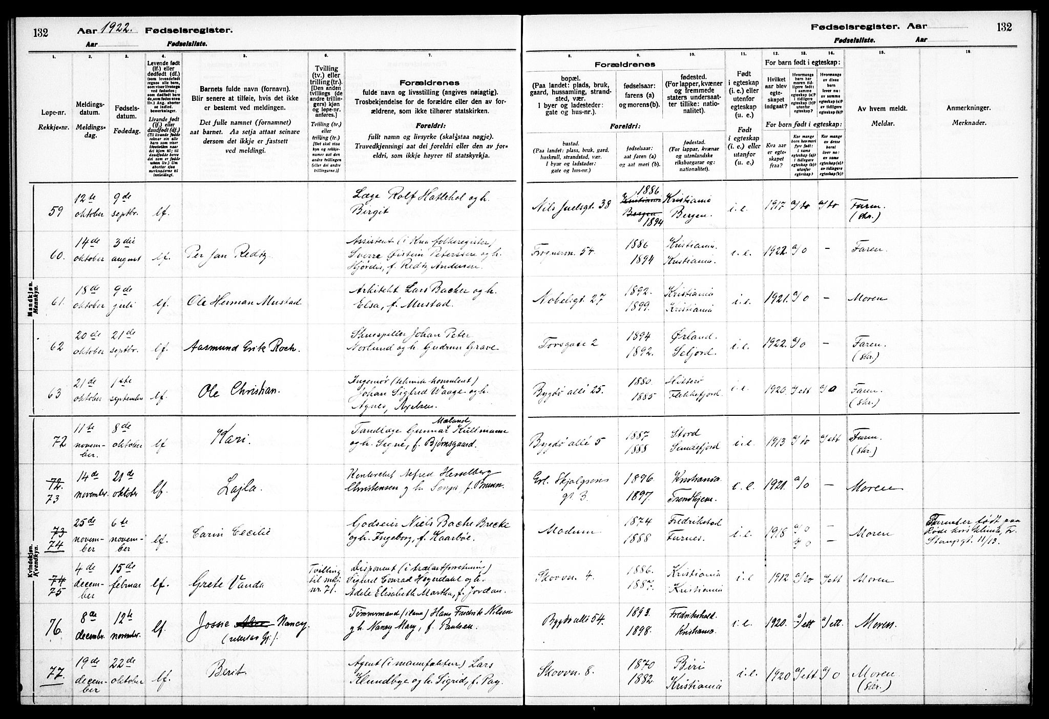 Frogner prestekontor Kirkebøker, AV/SAO-A-10886/J/Ja/L0001: Birth register no. 1, 1916-1927, p. 132