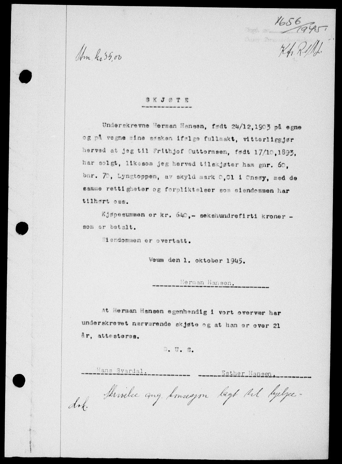 Onsøy sorenskriveri, SAO/A-10474/G/Ga/Gab/L0015: Mortgage book no. II A-15, 1945-1946, Diary no: : 1656/1945