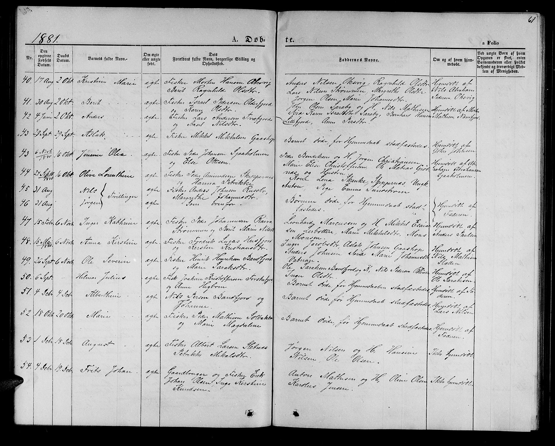 Hammerfest sokneprestkontor, AV/SATØ-S-1347/H/Hb/L0005.klokk: Parish register (copy) no. 5, 1869-1884, p. 61