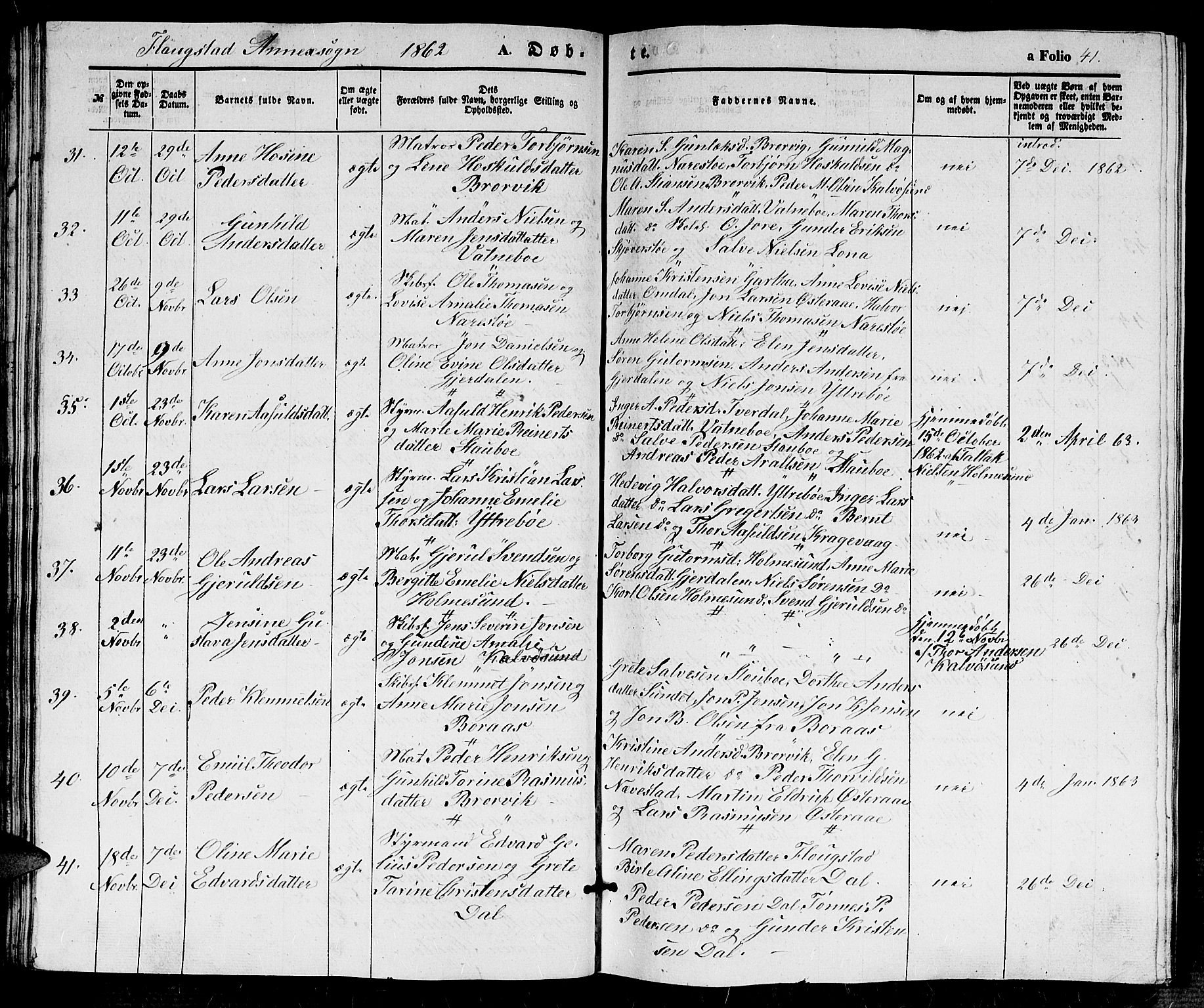 Dypvåg sokneprestkontor, SAK/1111-0007/F/Fb/Fbb/L0002: Parish register (copy) no. B 2, 1851-1871, p. 41