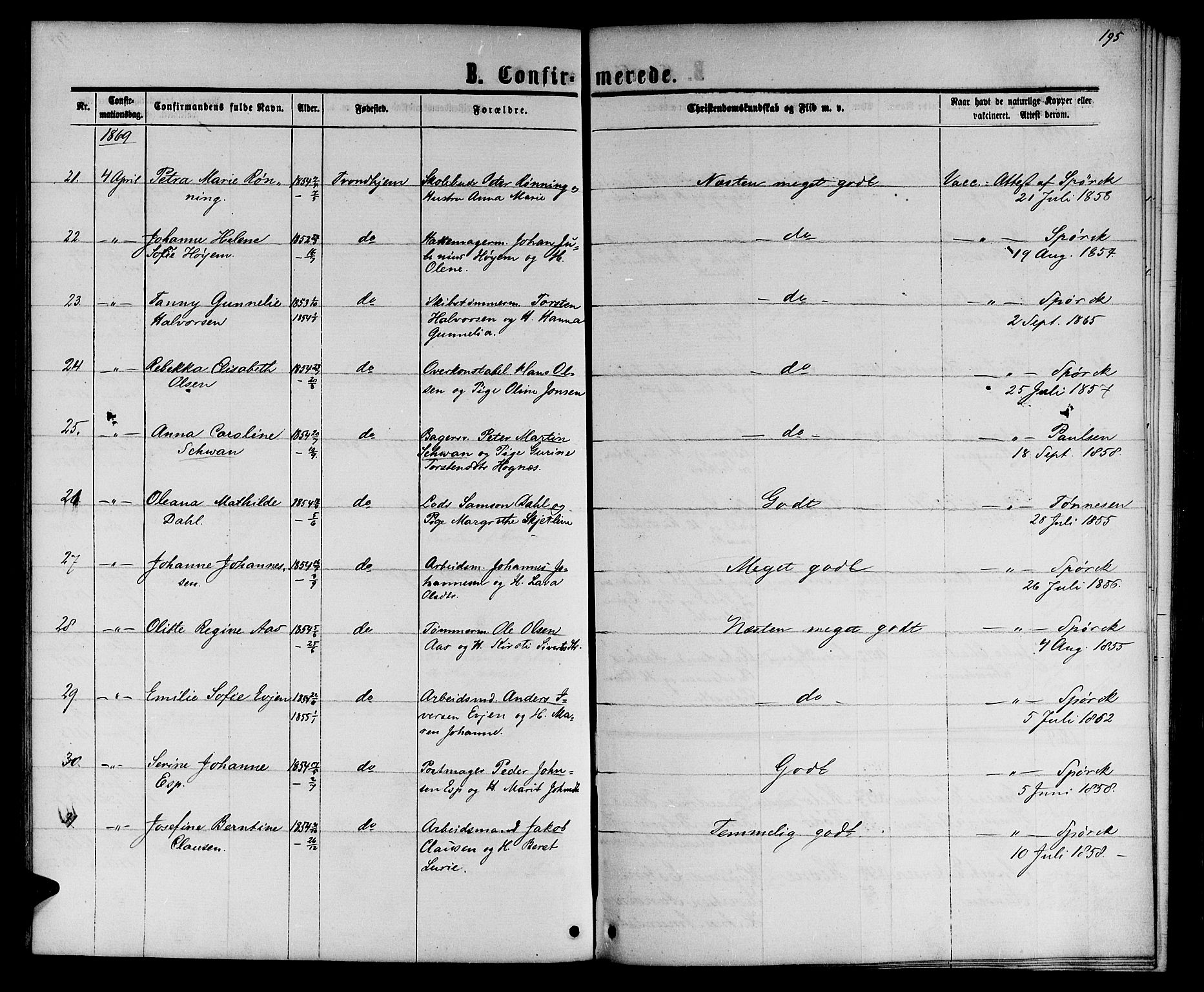 Ministerialprotokoller, klokkerbøker og fødselsregistre - Sør-Trøndelag, AV/SAT-A-1456/601/L0087: Parish register (copy) no. 601C05, 1864-1881, p. 195