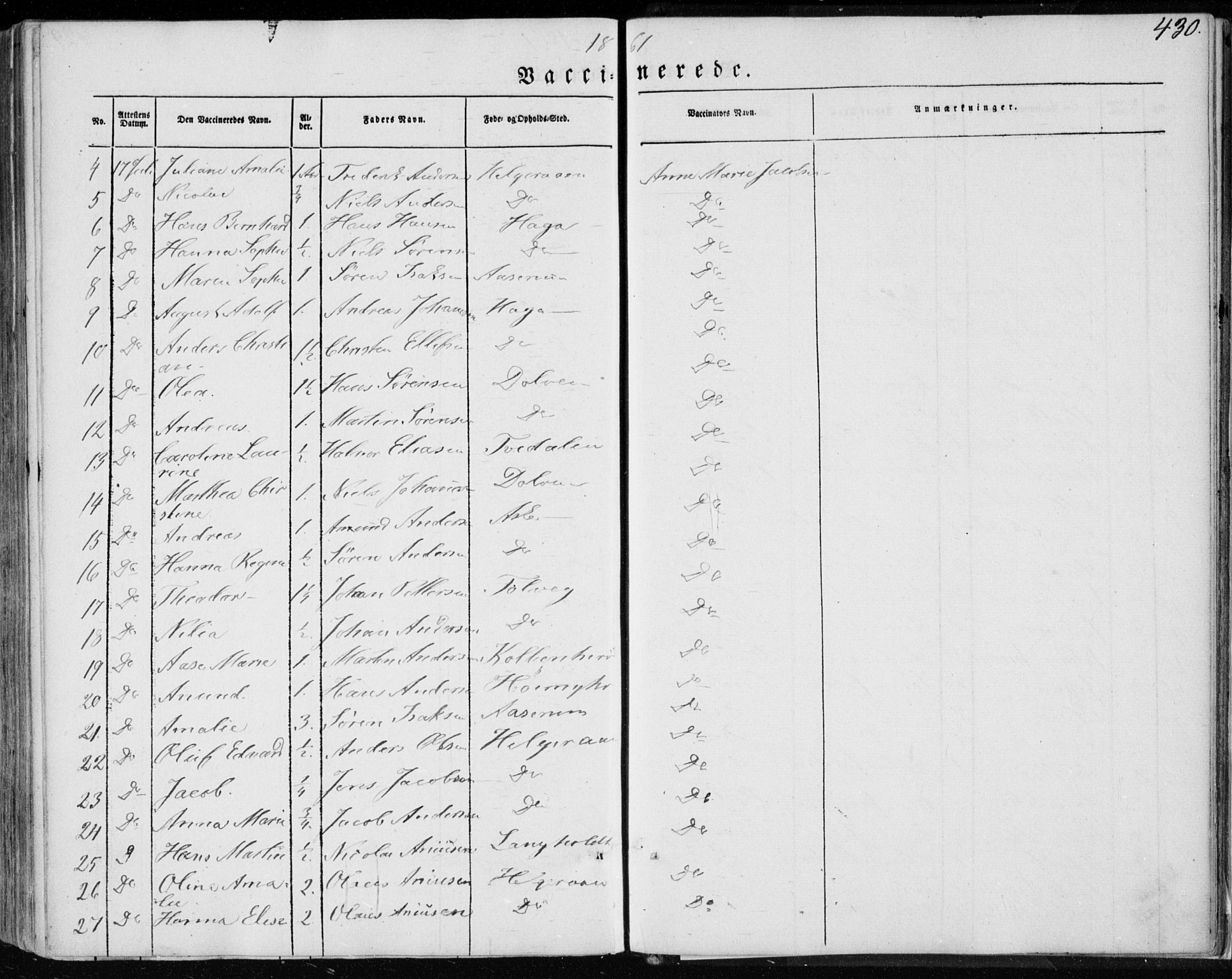 Brunlanes kirkebøker, SAKO/A-342/F/Fa/L0004: Parish register (official) no. I 4, 1846-1862, p. 430