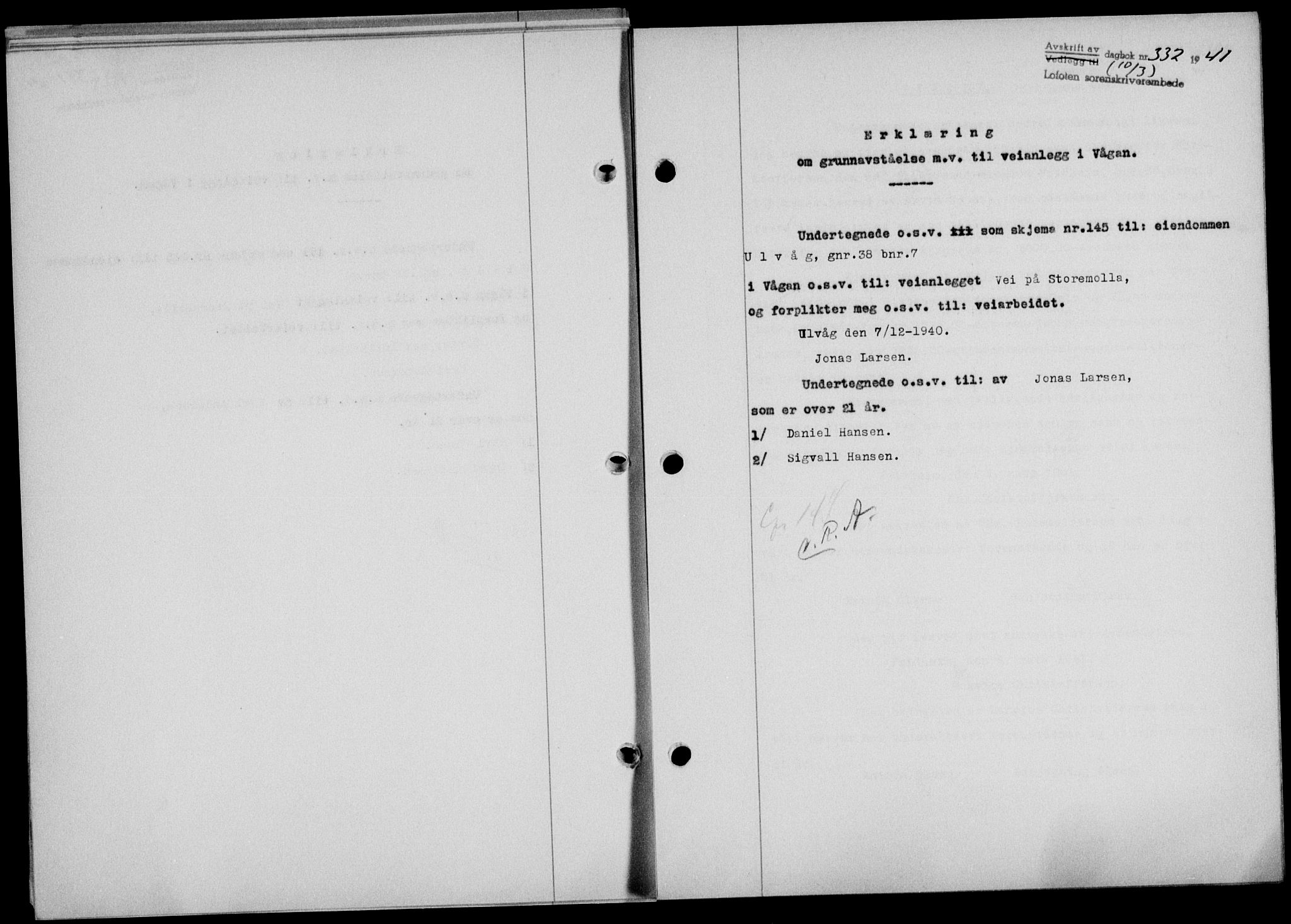 Lofoten sorenskriveri, SAT/A-0017/1/2/2C/L0008a: Mortgage book no. 8a, 1940-1941, Diary no: : 332/1941