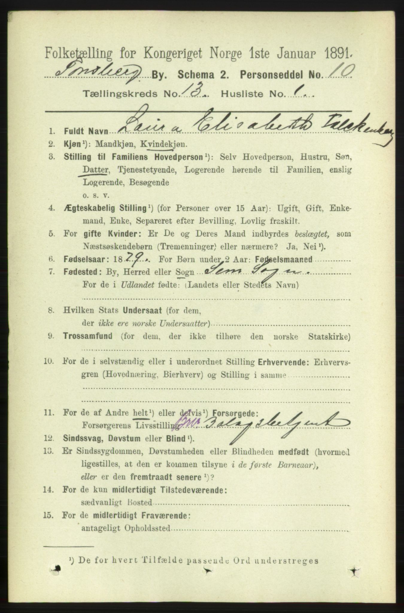 RA, 1891 census for 0705 Tønsberg, 1891, p. 4309