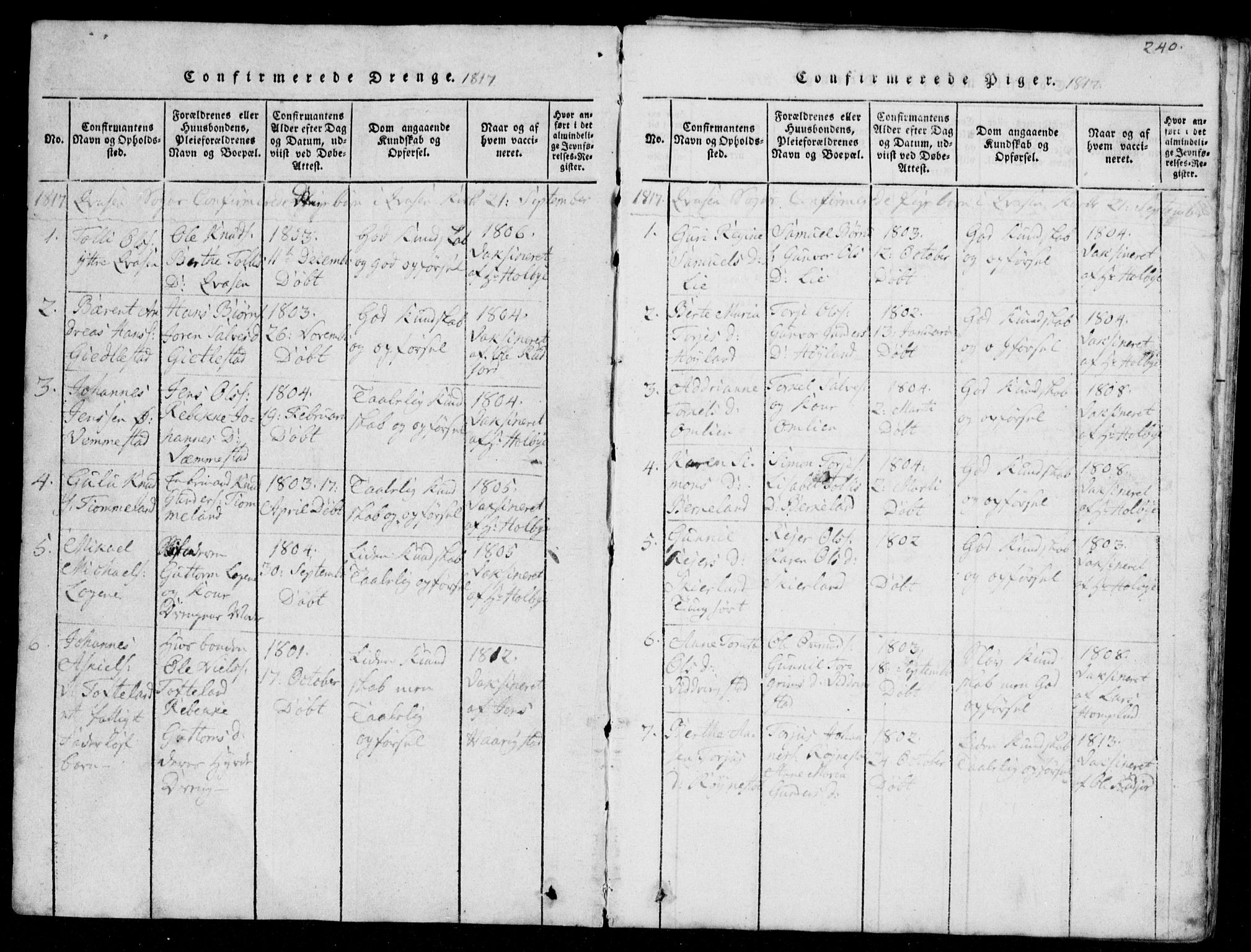 Lyngdal sokneprestkontor, SAK/1111-0029/F/Fb/Fbb/L0001: Parish register (copy) no. B 1, 1816-1900, p. 240