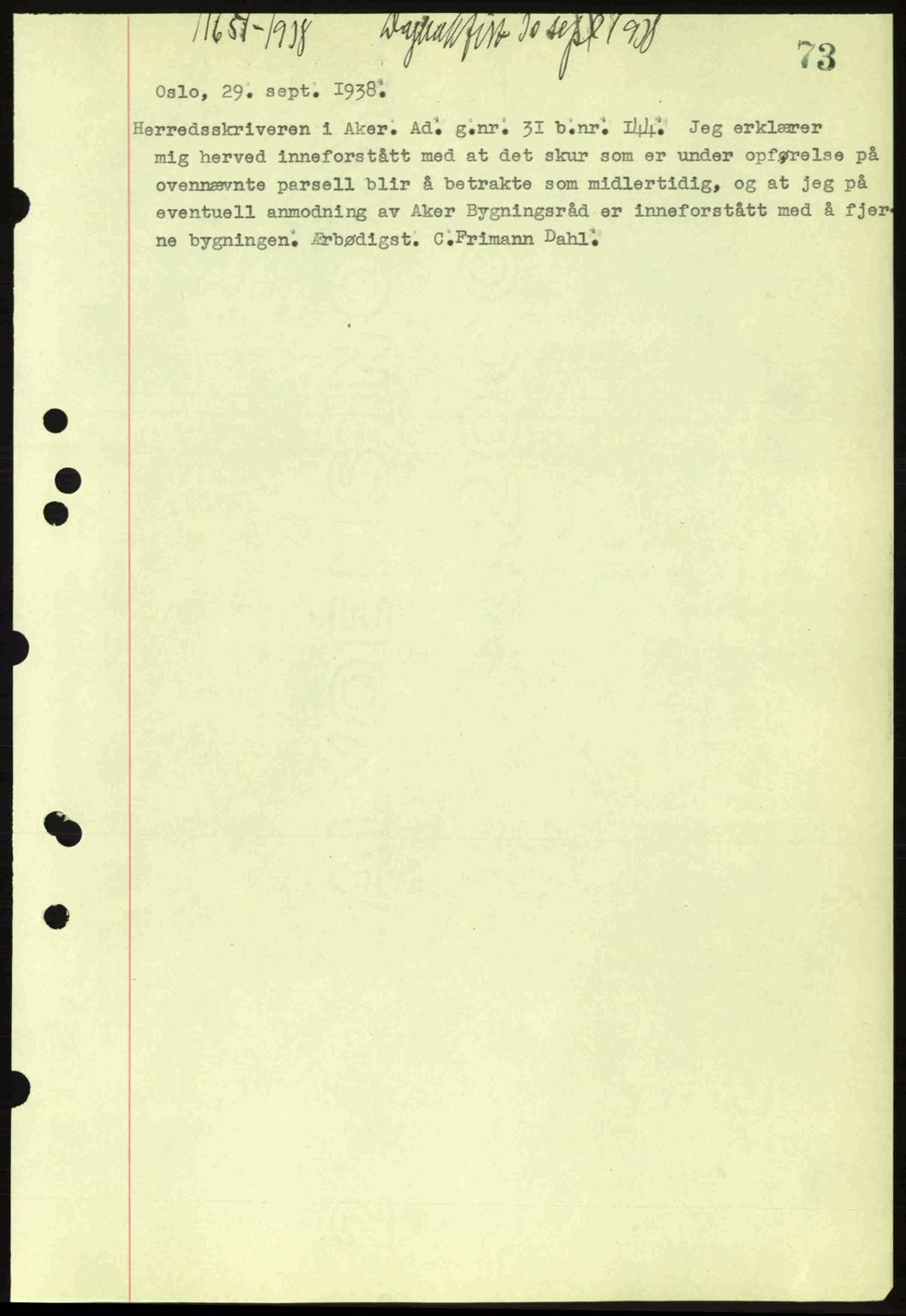 Aker herredsskriveri, SAO/A-10896/G/Gb/Gba/Gbab/L0025: Mortgage book no. A154-155, 1938-1938, Diary no: : 11651/1938