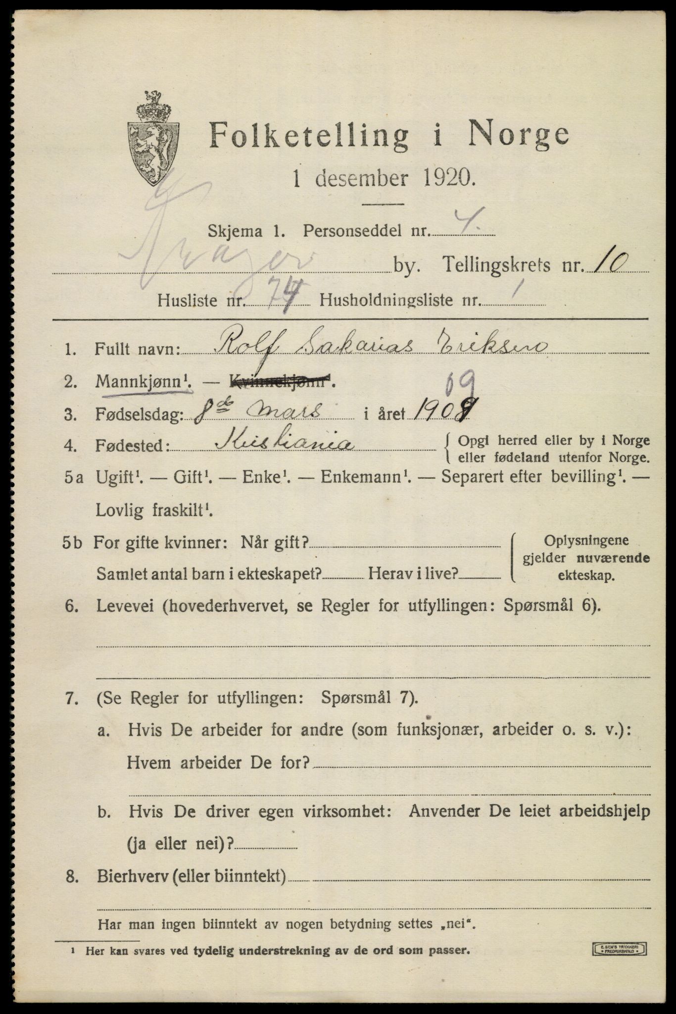 SAKO, 1920 census for Kragerø, 1920, p. 13869