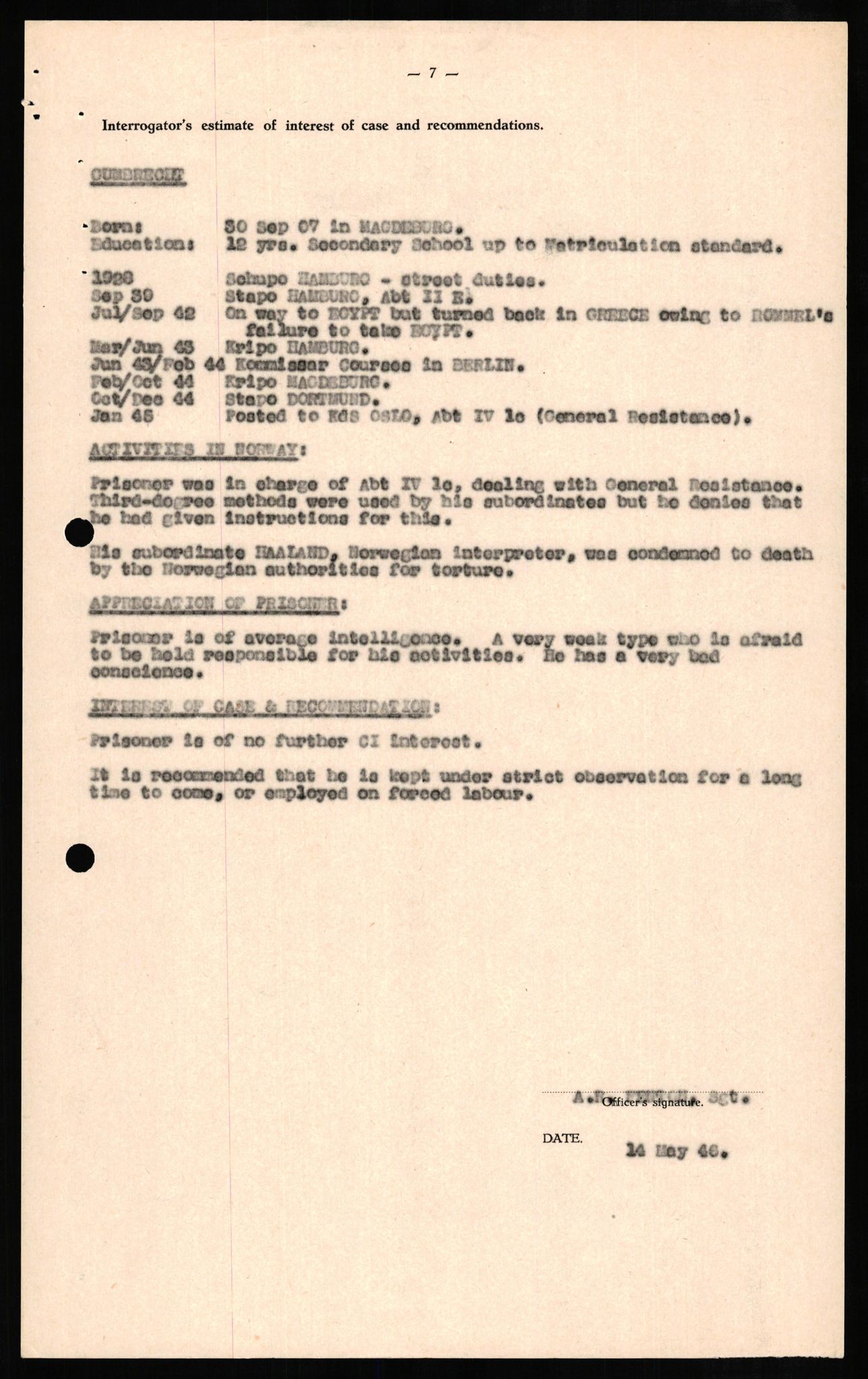 Forsvaret, Forsvarets overkommando II, AV/RA-RAFA-3915/D/Db/L0010: CI Questionaires. Tyske okkupasjonsstyrker i Norge. Tyskere., 1945-1946, p. 635