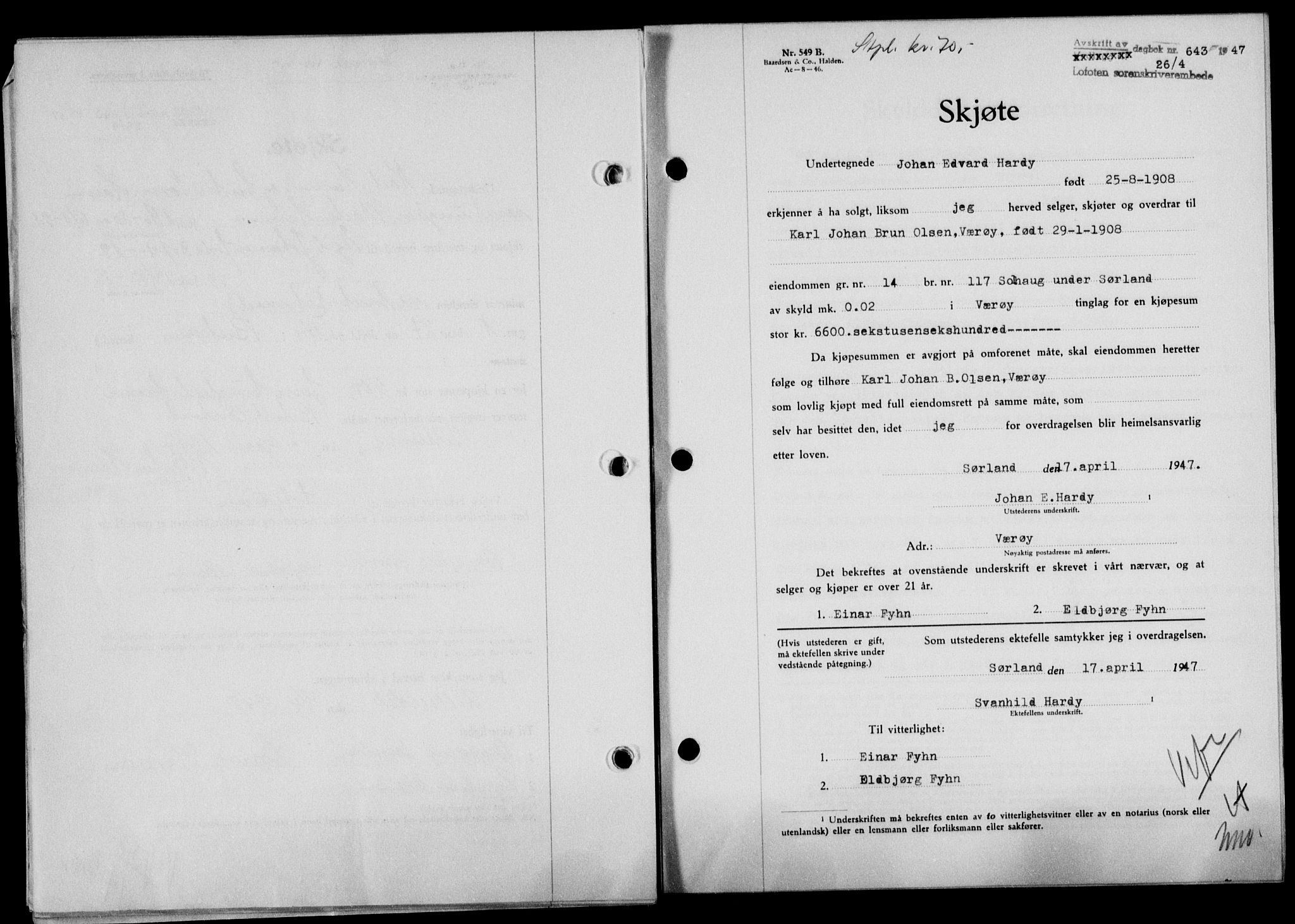 Lofoten sorenskriveri, SAT/A-0017/1/2/2C/L0015a: Mortgage book no. 15a, 1946-1947, Diary no: : 643/1947