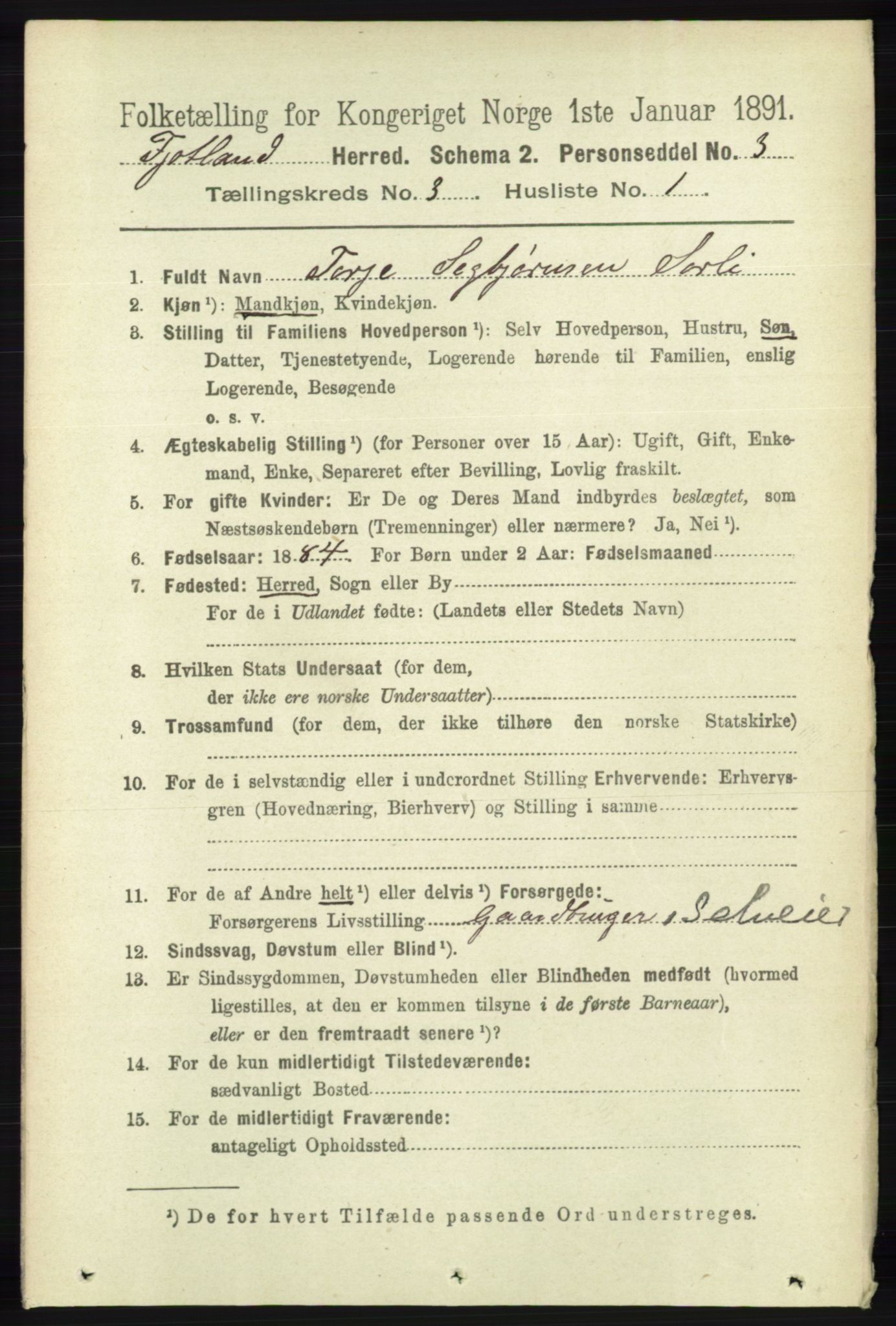 RA, 1891 census for 1036 Fjotland, 1891, p. 392