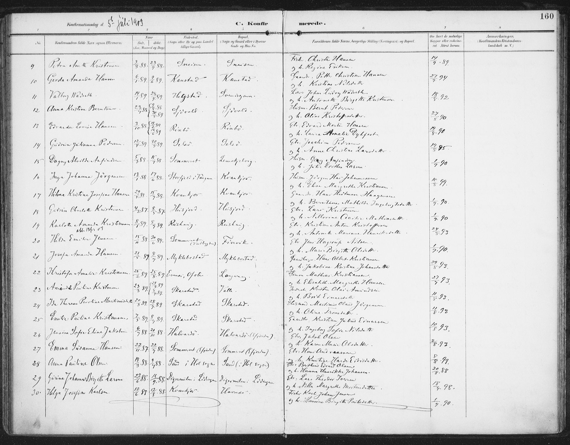 Ministerialprotokoller, klokkerbøker og fødselsregistre - Nordland, AV/SAT-A-1459/872/L1036: Parish register (official) no. 872A11, 1897-1913, p. 160