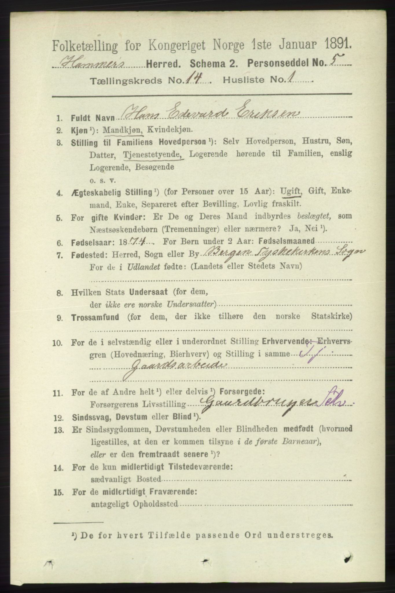 RA, 1891 census for 1254 Hamre, 1891, p. 4393