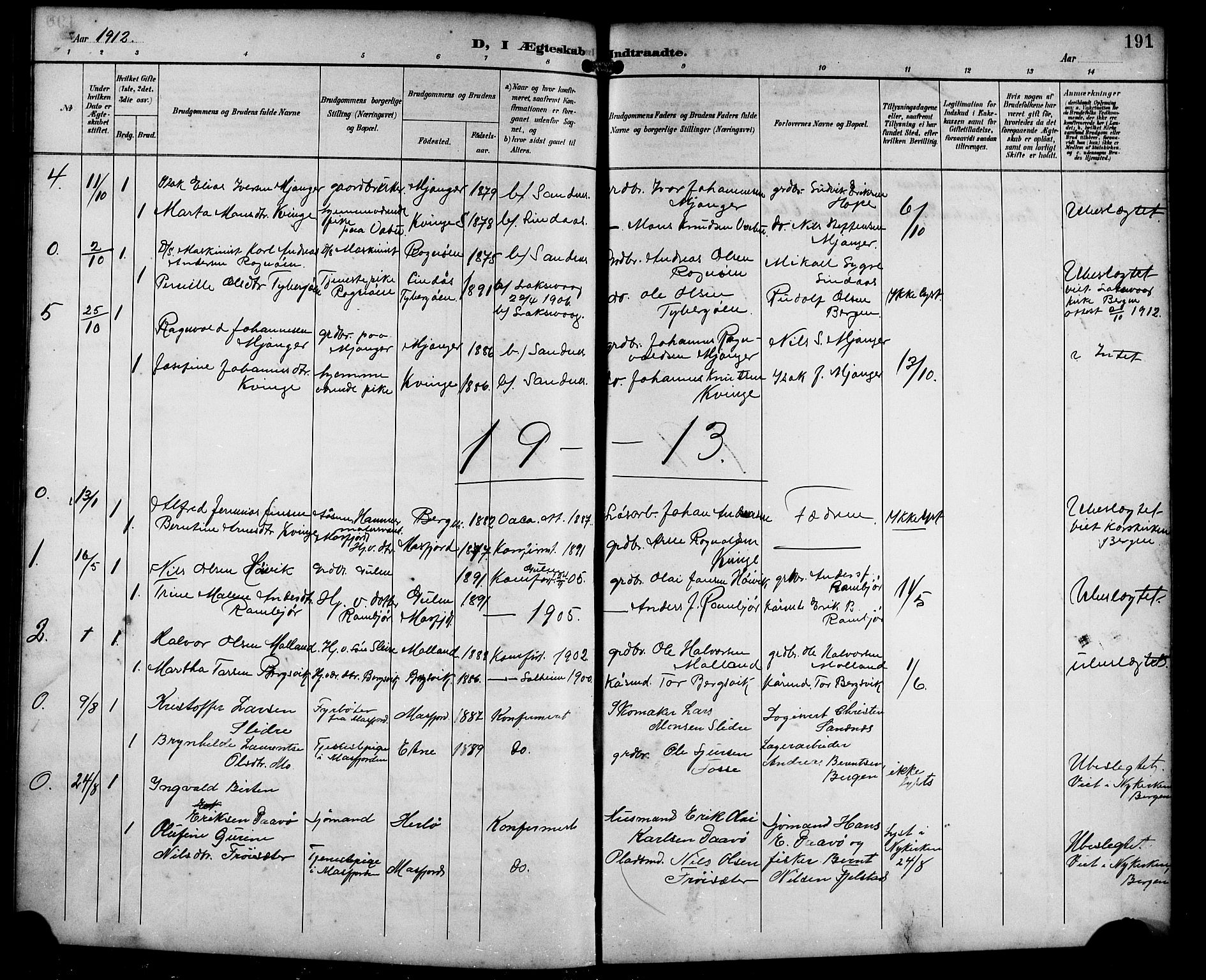 Masfjorden sokneprestembete, AV/SAB-A-77001: Parish register (copy) no. B 1, 1892-1913, p. 191