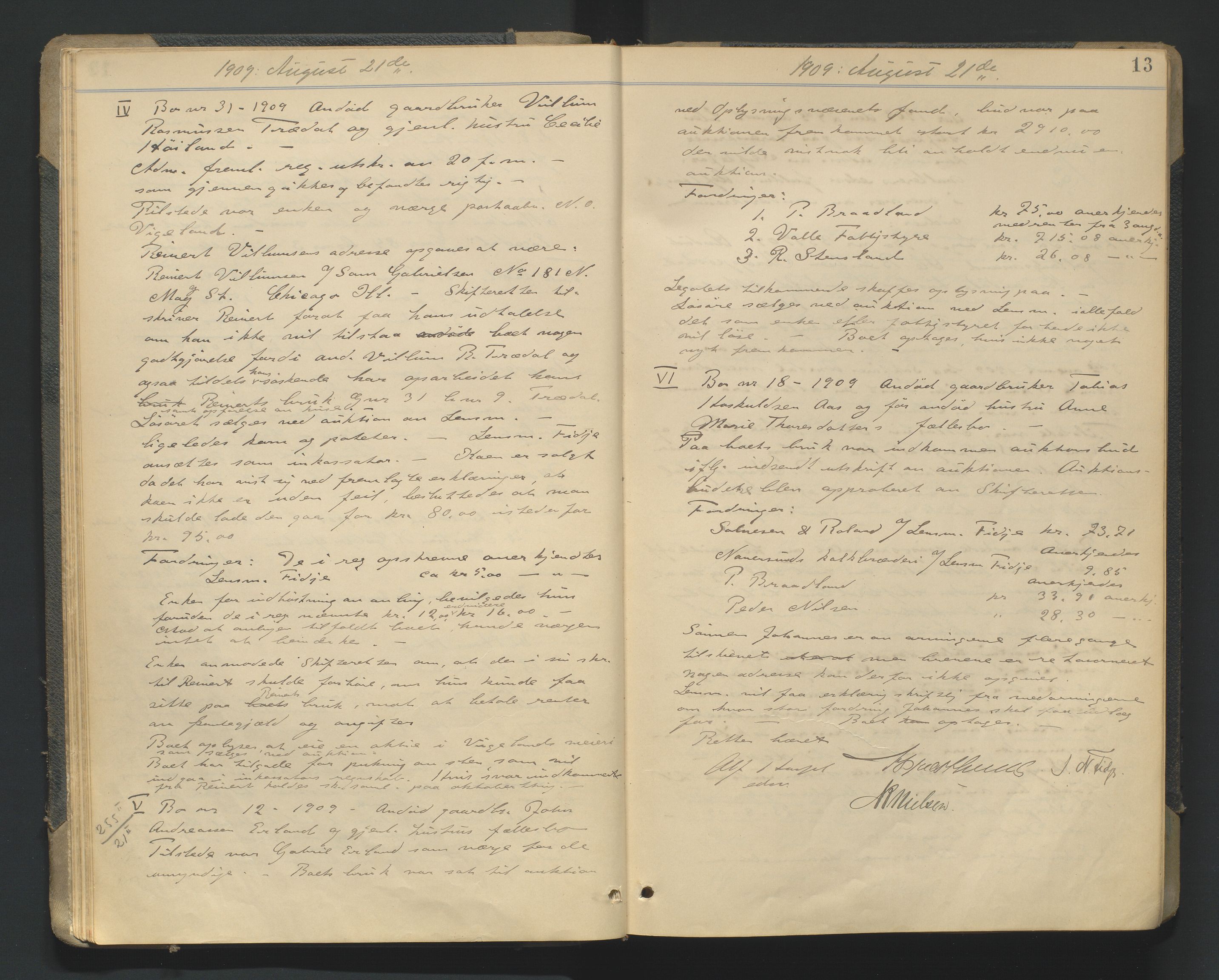 Mandal sorenskriveri, AV/SAK-1221-0005/001/H/Hc/L0081: Skifteforhandlingsprotokoll nr 13, 1909-1913, p. 13