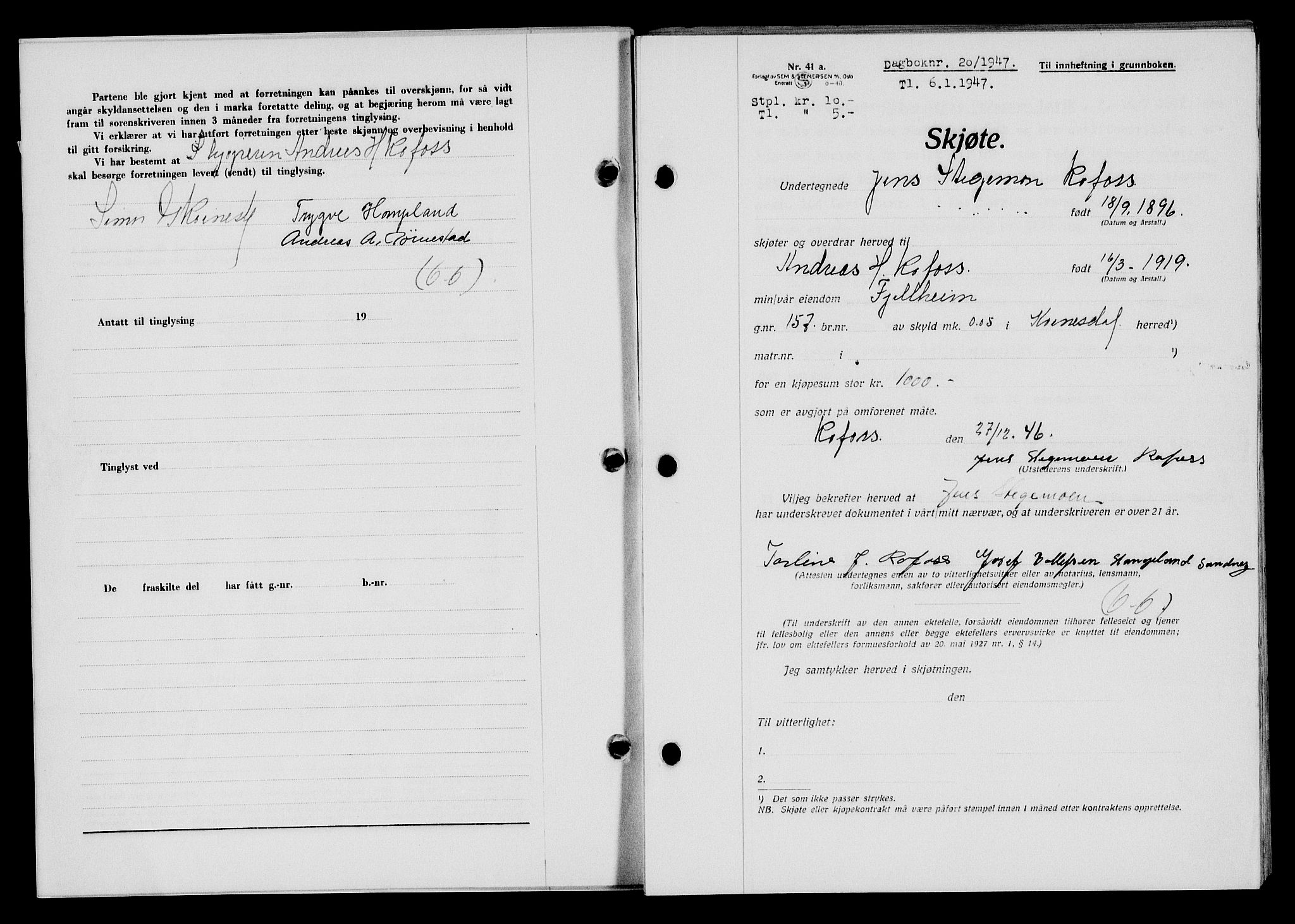 Flekkefjord sorenskriveri, AV/SAK-1221-0001/G/Gb/Gba/L0061: Mortgage book no. A-9, 1946-1947, Diary no: : 20/1947