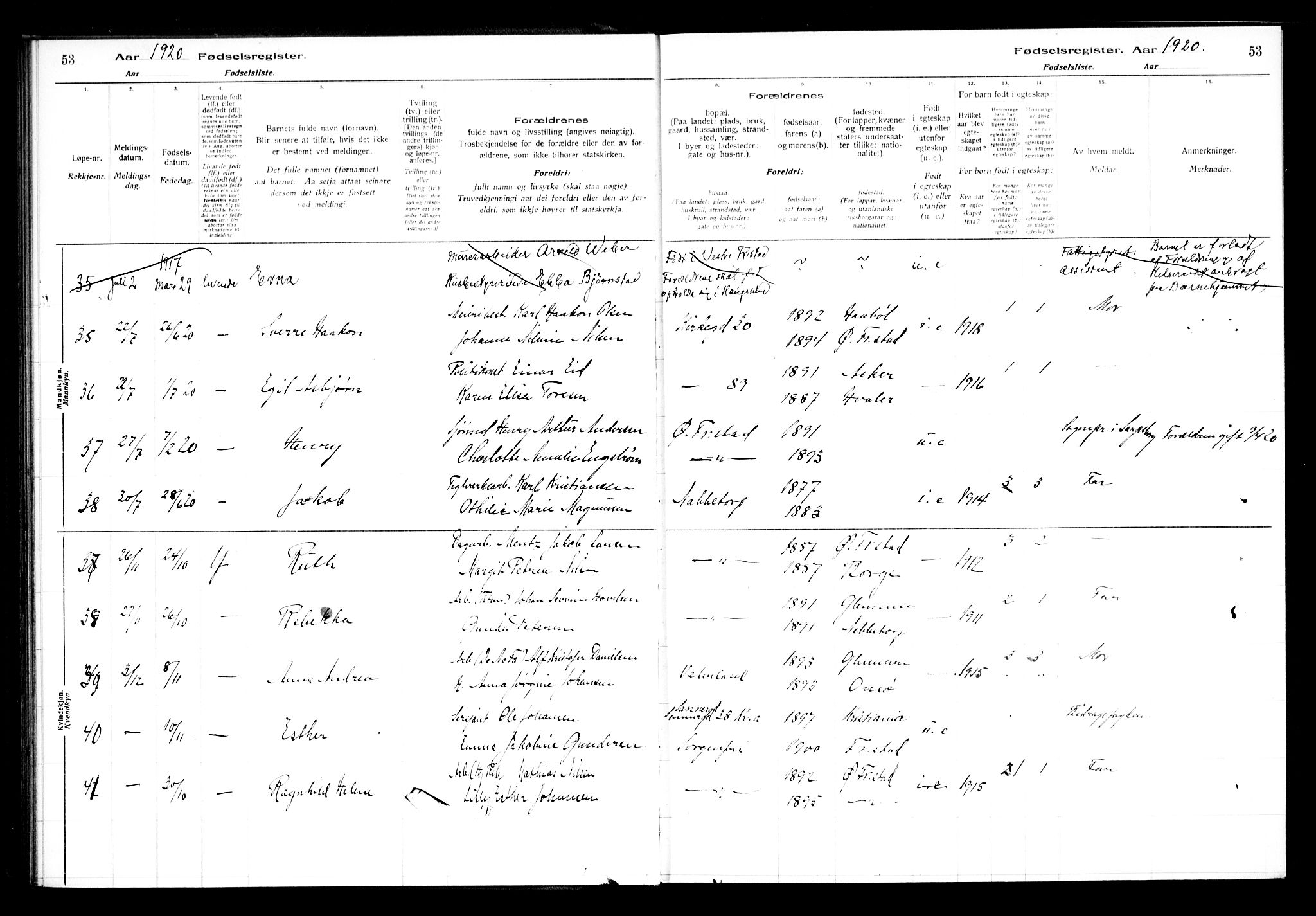 Østre Fredrikstad prestekontor Kirkebøker, AV/SAO-A-10907/J/Ja/L0001: Birth register no. 1, 1916-1936, p. 53